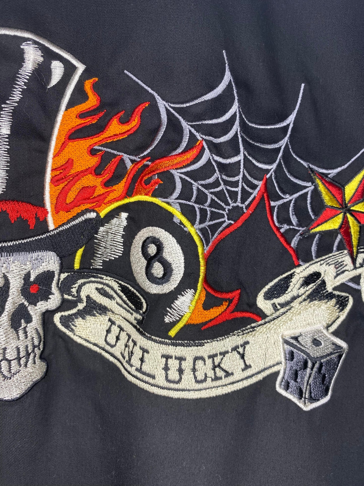 VTG x Dragonfly Roadhouse x Black Top Hat Skull Embroidered Biker Short Sleeve Button Up - XXL