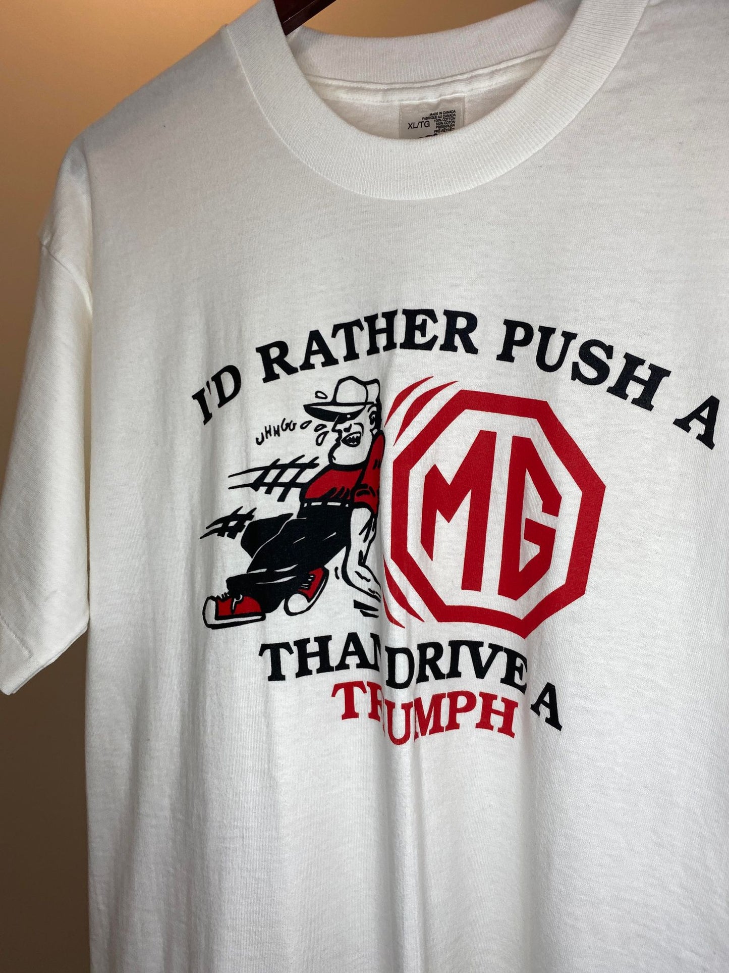 VTG x Fruit of the Loom x I'd Rather Push a MG than Drive a Triumph White Statement Graphic Single Stitched Tee - XL