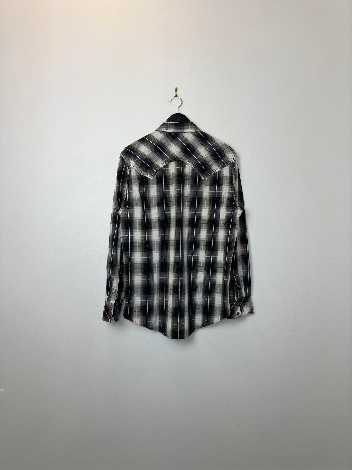 Rock & Roll Cowboy x Brown checkered Long Sleeve Western Button Up - L