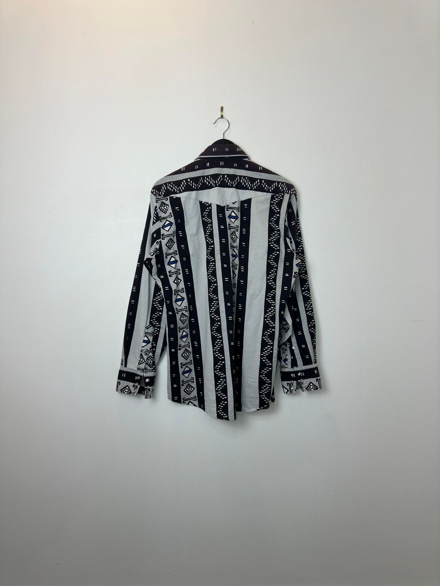 VTG x Panhandle Slim x Tribal Aztec Print x Black White Patterned Western Long Sleeve Button Up - 16 1/2 (L)