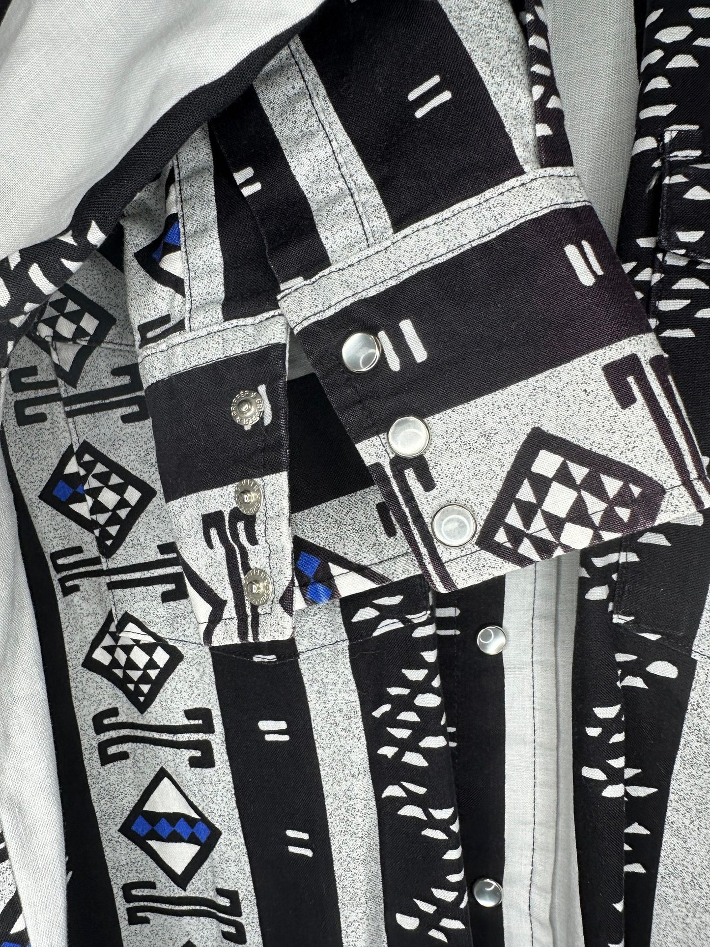 VTG x Panhandle Slim x Tribal Aztec Print x Black White Patterned Western Long Sleeve Button Up - 16 1/2 (L)