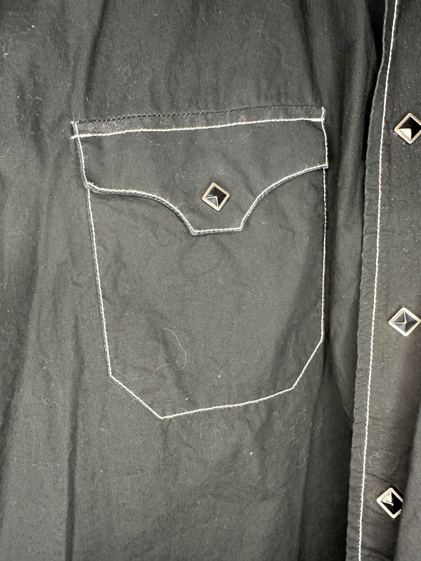 Y2K x Classic Western x Bedazzled Cross x Black w/ White Stitching Long Sleeve Western Button Up - XL