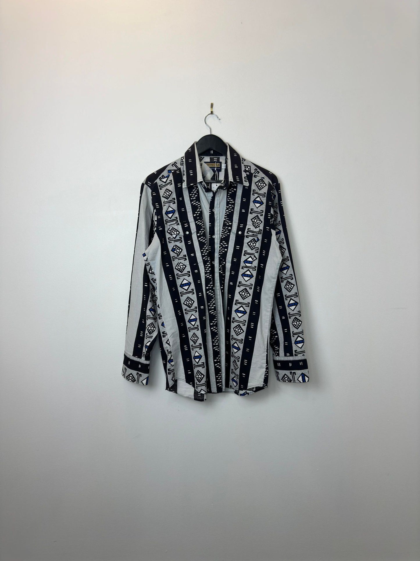 VTG x Panhandle Slim x Tribal Aztec Print x Black White Patterned Western Long Sleeve Button Up - 16 1/2 (L)