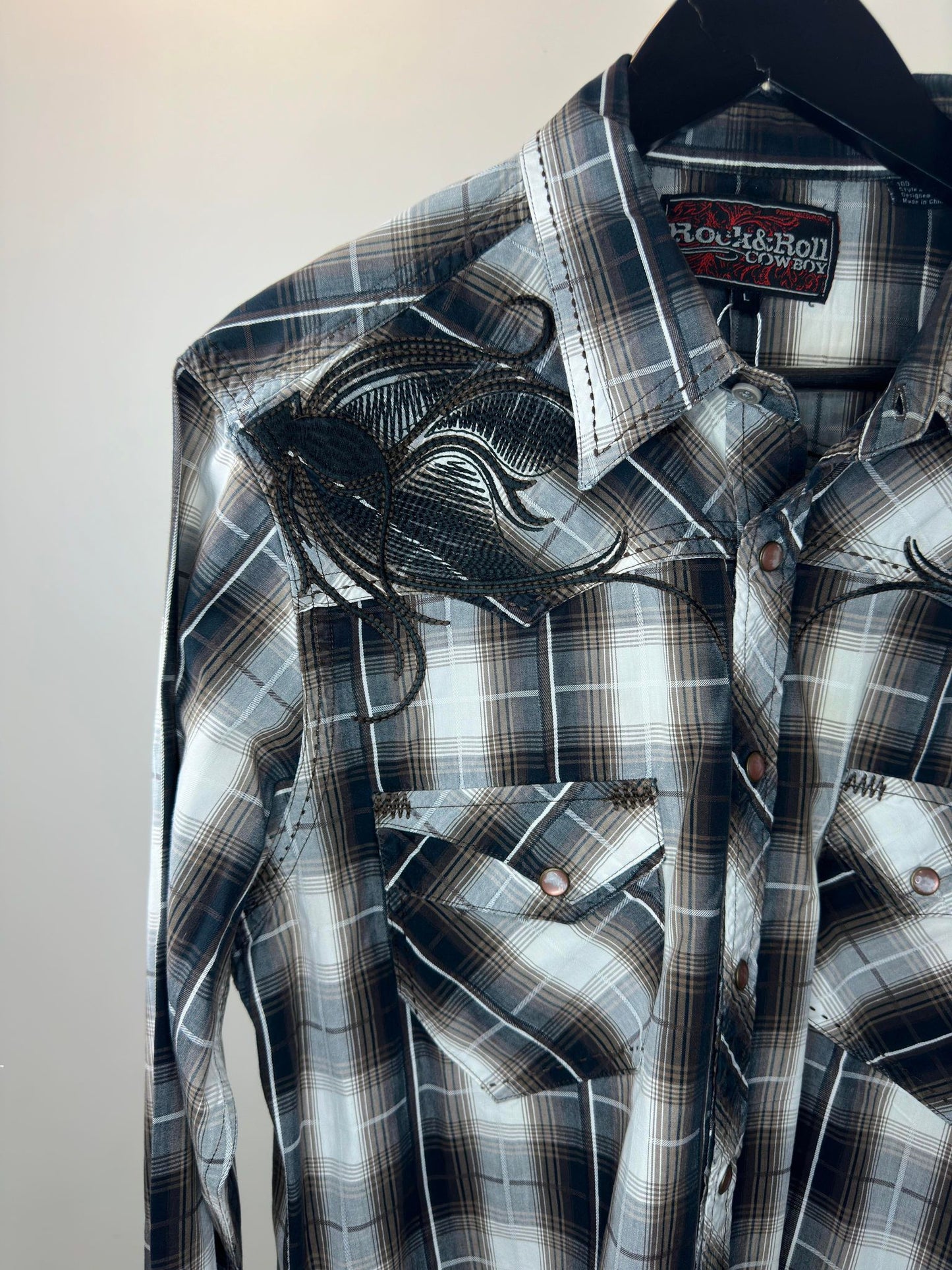Rock & Roll Cowboy x Brown checkered Long Sleeve Western Button Up - L