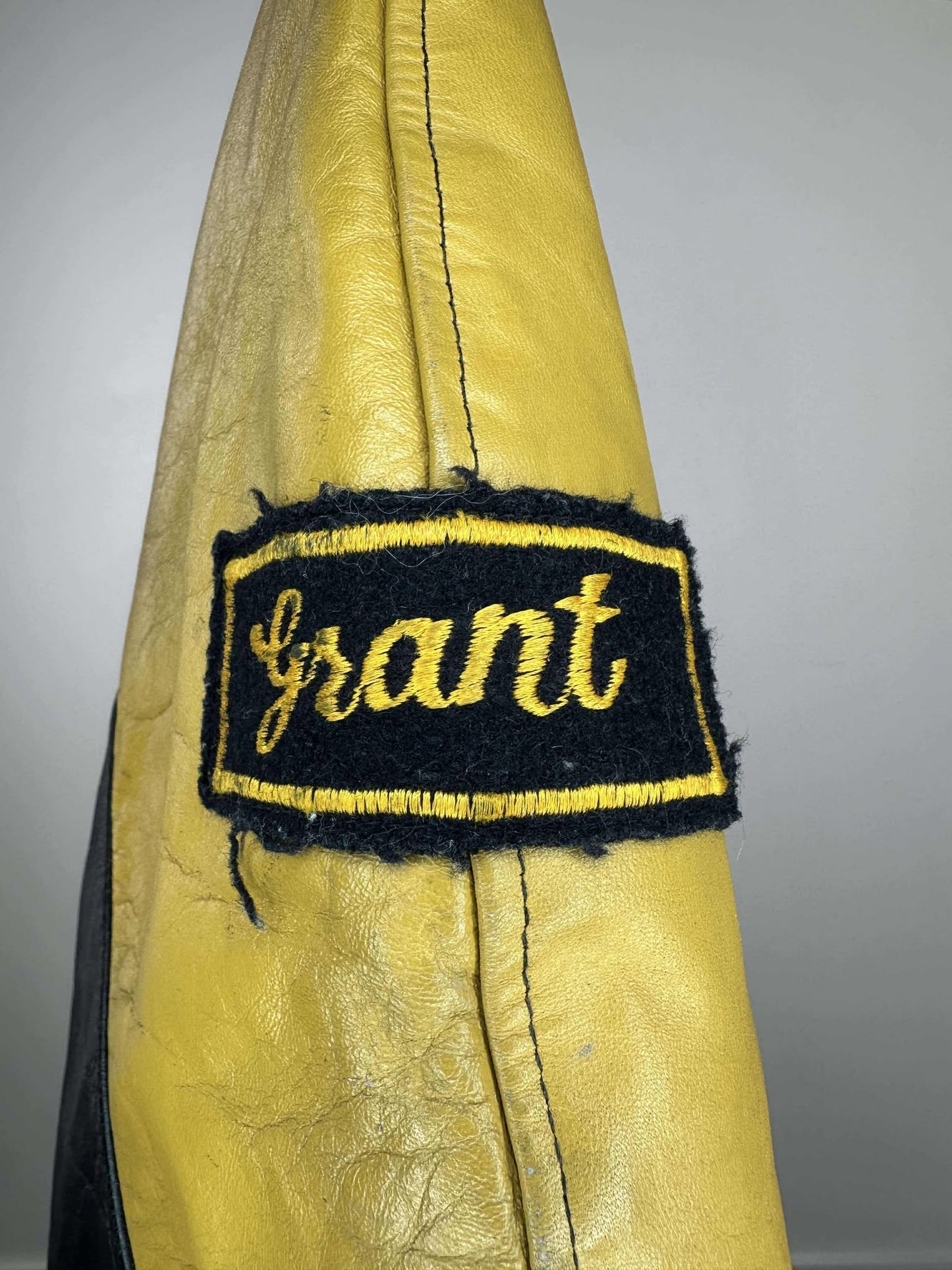 VTG x Club Crest Jackets x Didsbury Fire Department x Black Yellow Varsity Style Leather Jacket -Cut Tag (M)