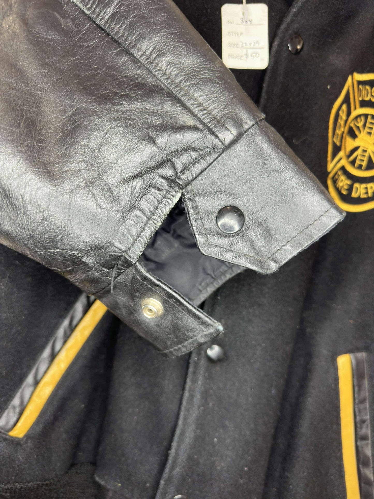 VTG x Club Crest Jackets x Didsbury Fire Department x Black Yellow Varsity Style Leather Jacket -Cut Tag (M)