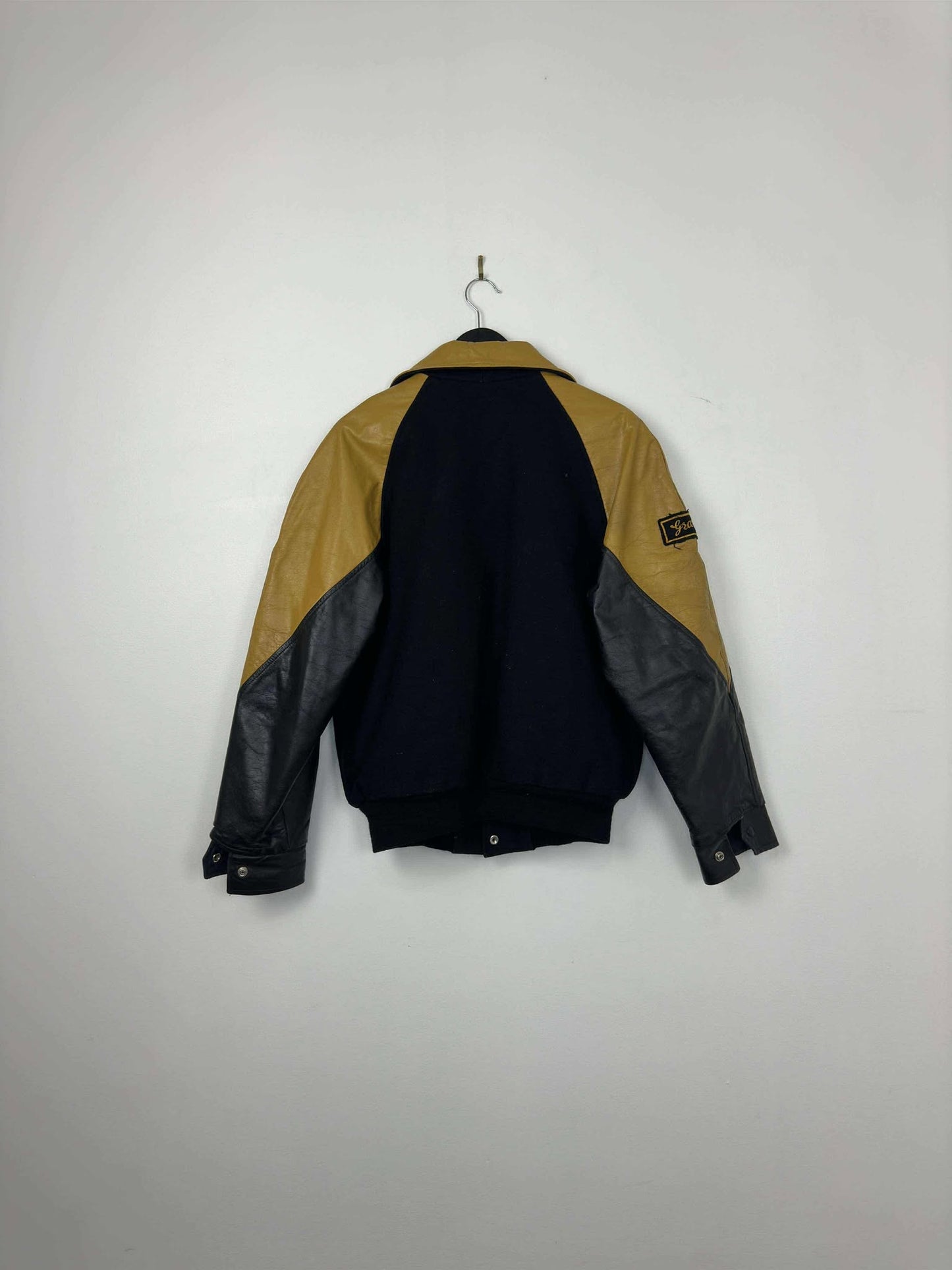 VTG x Club Crest Jackets x Didsbury Fire Department x Black Yellow Varsity Style Leather Jacket -Cut Tag (M)