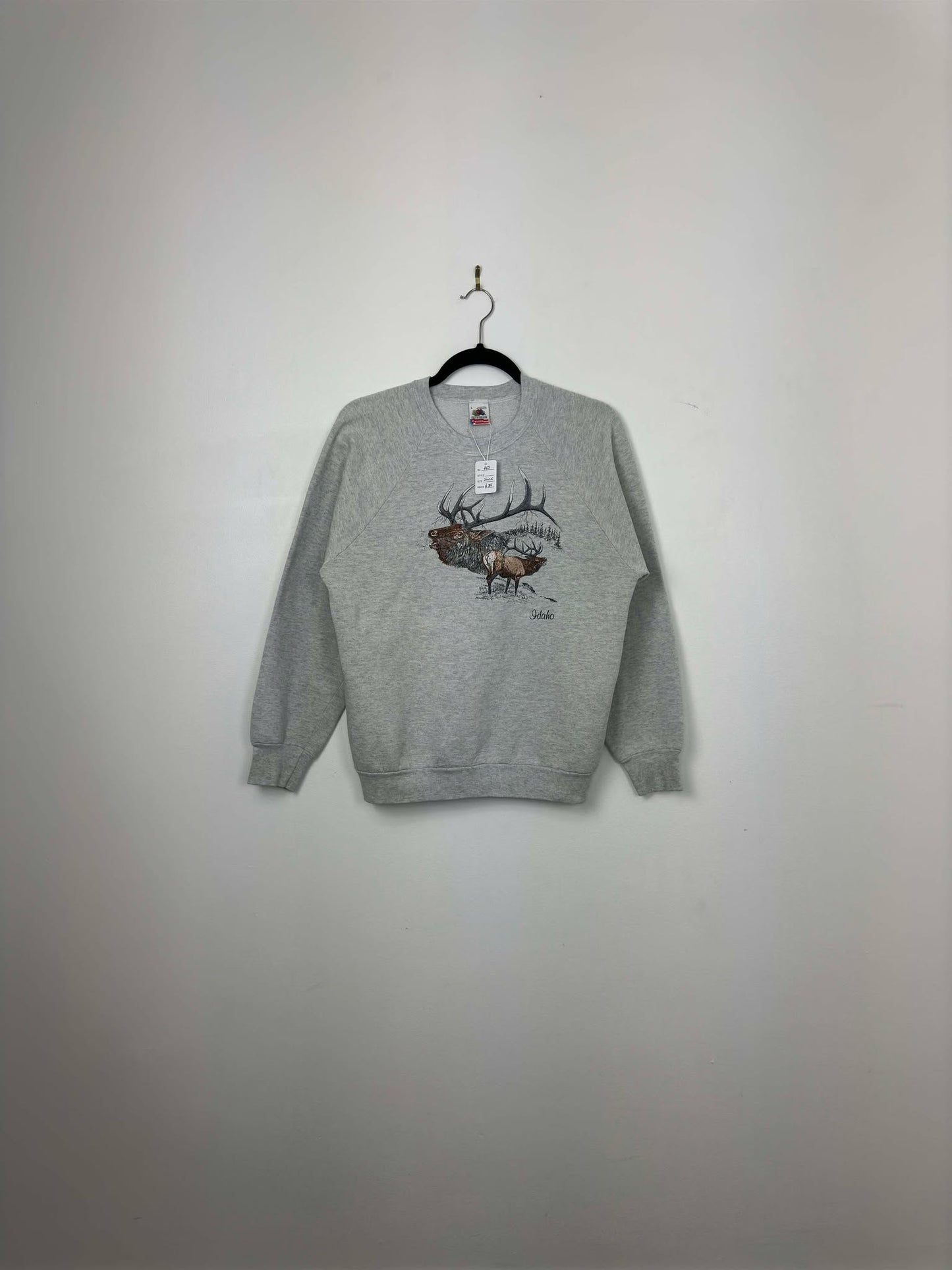 VTG x Fruit of the Loom x Idaho Elk Nature Graphic x Grey Pullover Crewneck - L