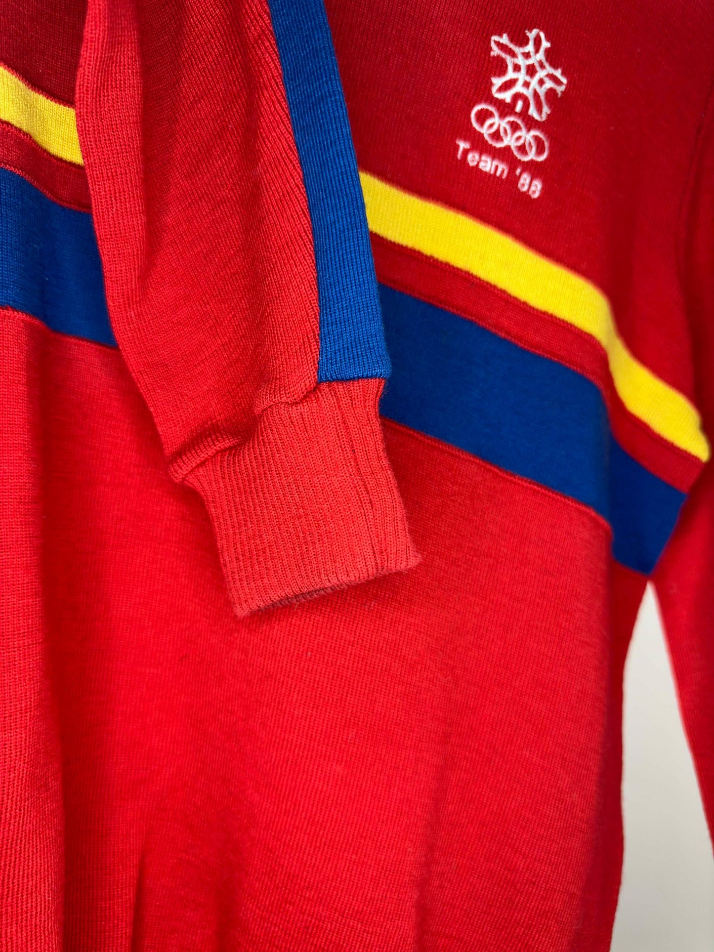 VTG x White Ram x 88' Calgary Olympics x Winter Games x Red Blue Yellow Pullover Knit Sweater - Women's 2 (S/M)