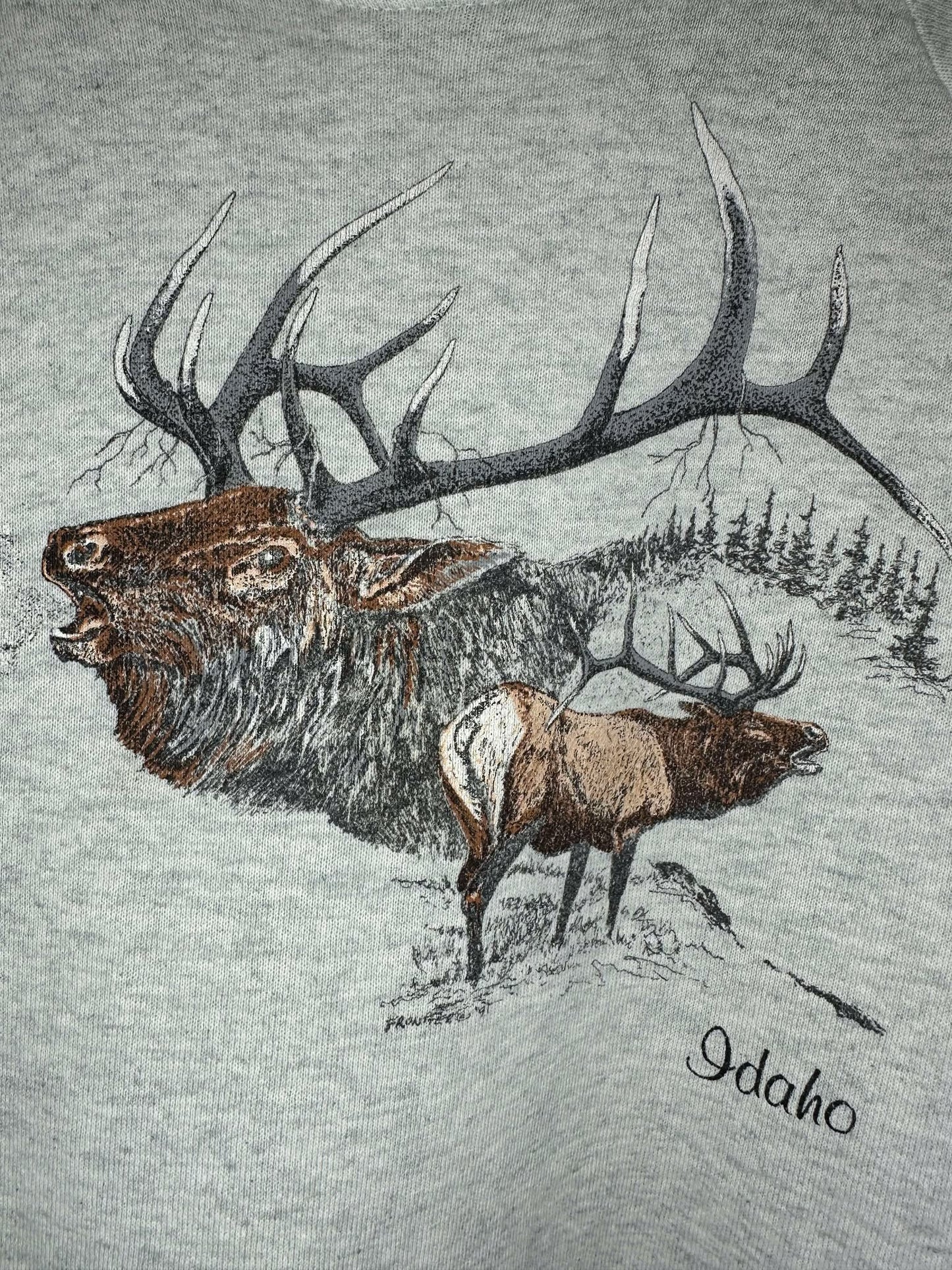 VTG x Fruit of the Loom x Idaho Elk Nature Graphic x Grey Pullover Crewneck - L