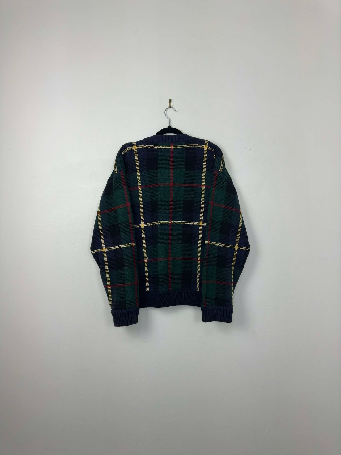 VTG x Tommy Hilfiger x Black Navy Red Green Yellow Checkered Knit Pullover Sweater - XL