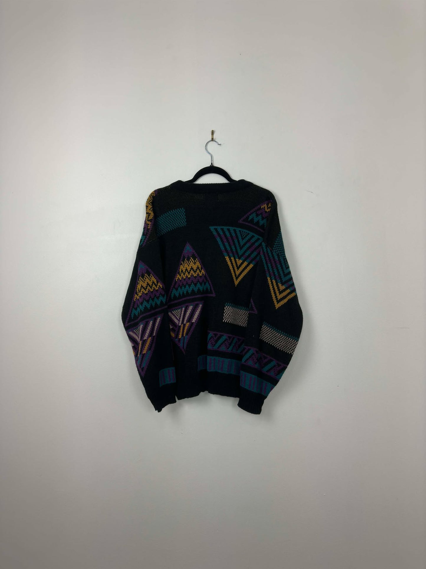 VTG x PERSPECTIVE x Black Multicolor Triangle Rectangle Pattern Knit Pullover Sweater - L