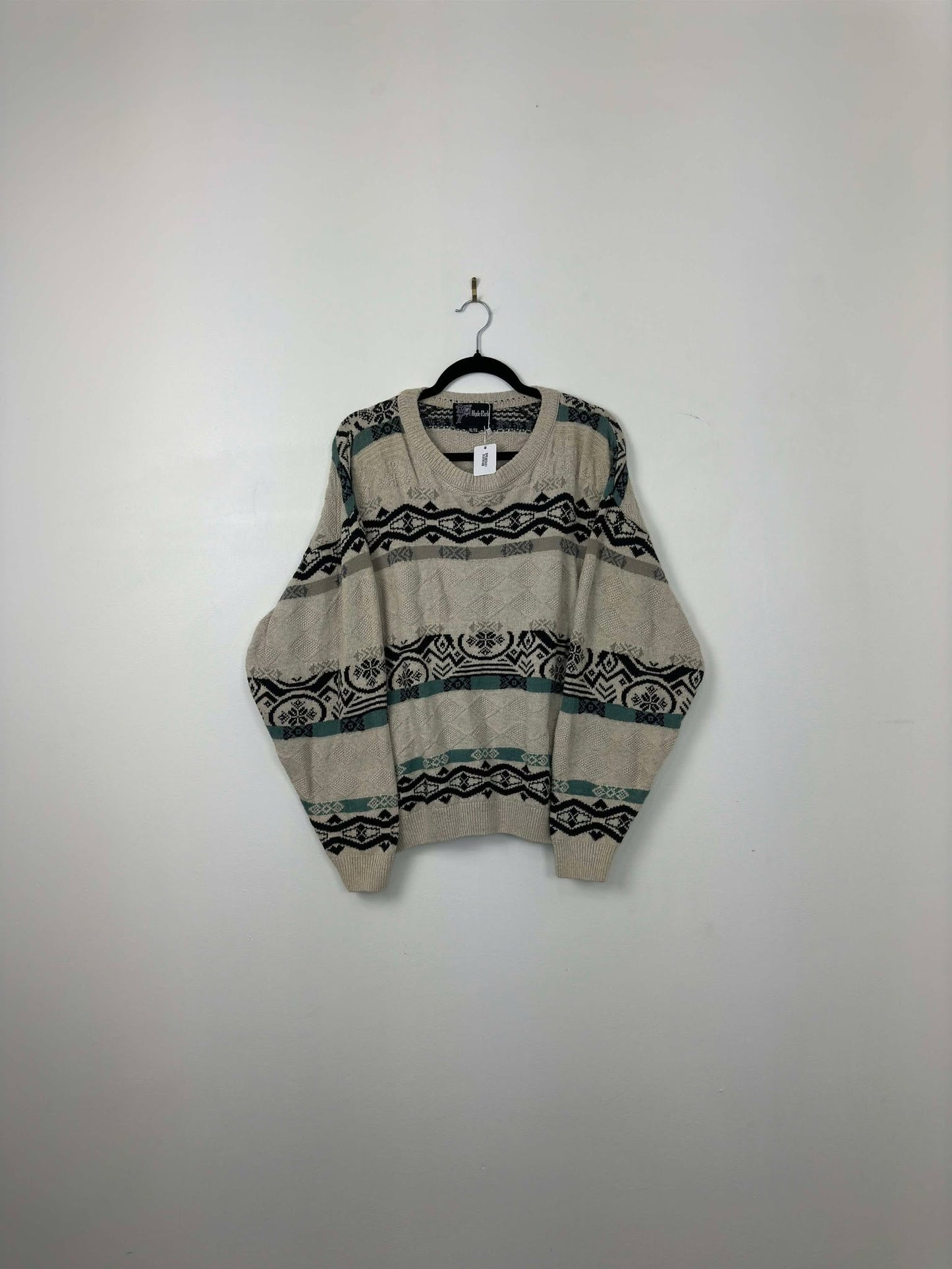 VTG x Hyde Park x Beige Black Teal Pullover 3D Knit Sweater - XL