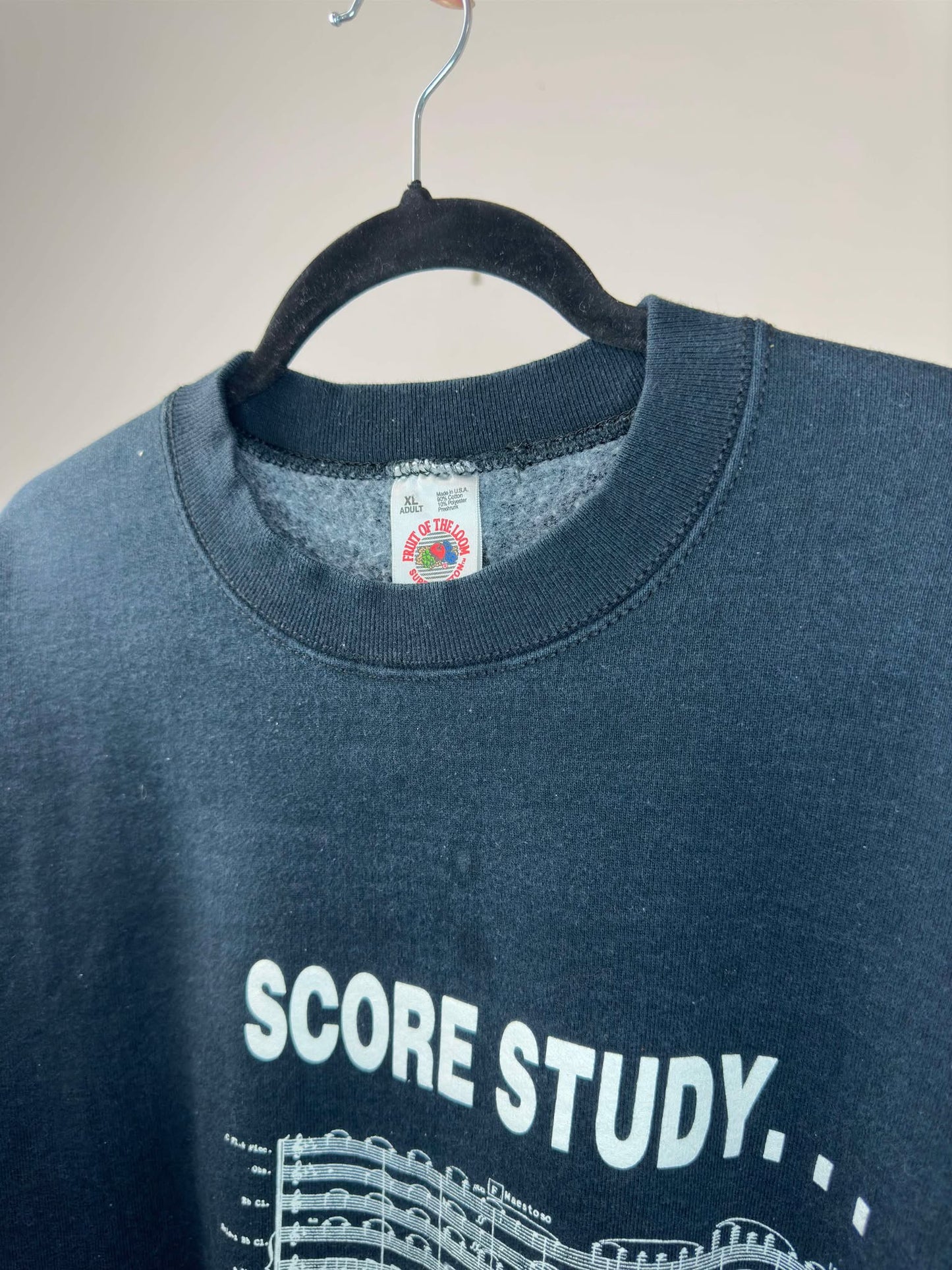 VTG x Fruit of the Loom x Score Study x Music Notes Graphic x Black Pullover Crewneck - XL