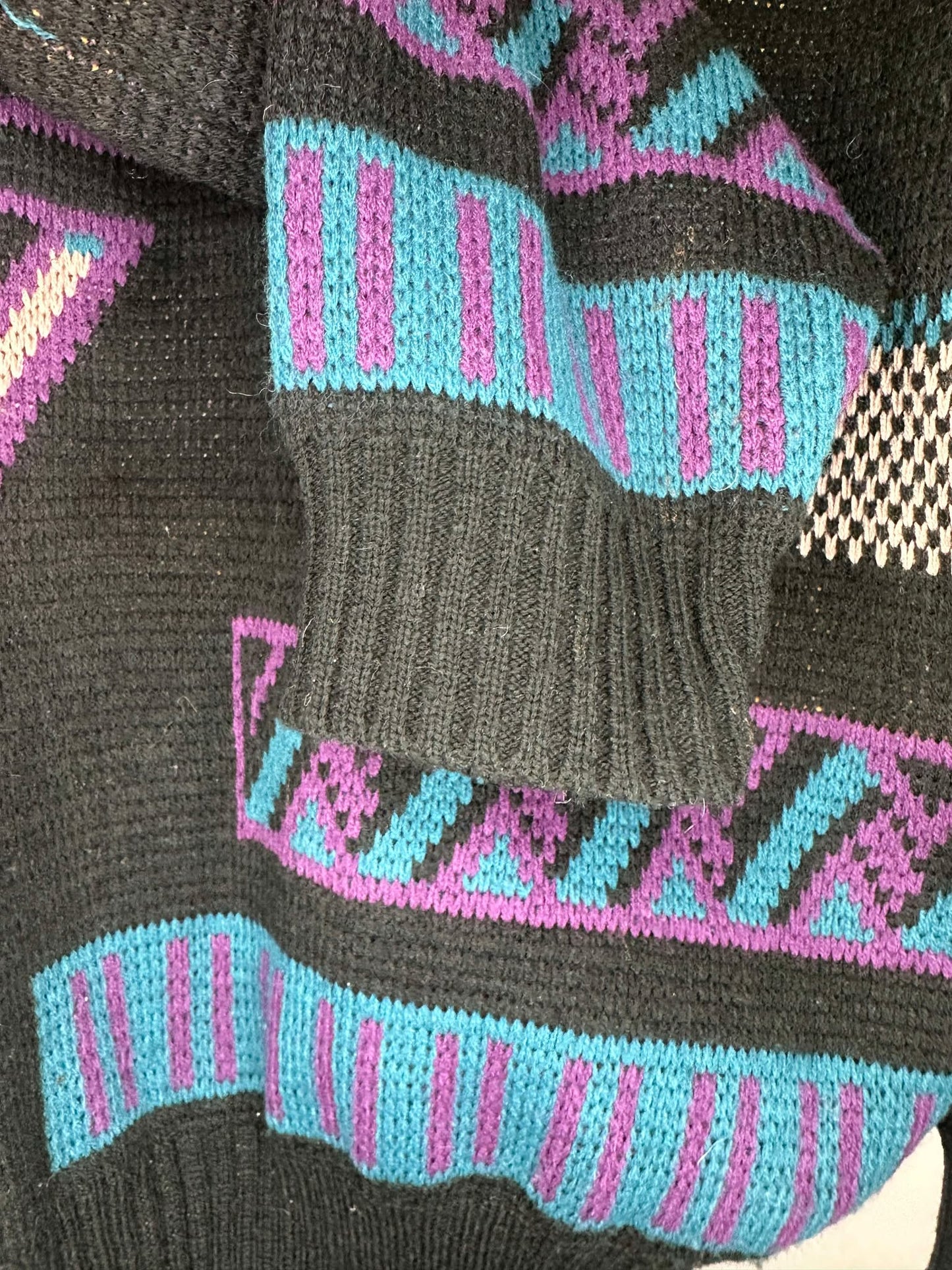 VTG x PERSPECTIVE x Black Multicolor Triangle Rectangle Pattern Knit Pullover Sweater - L