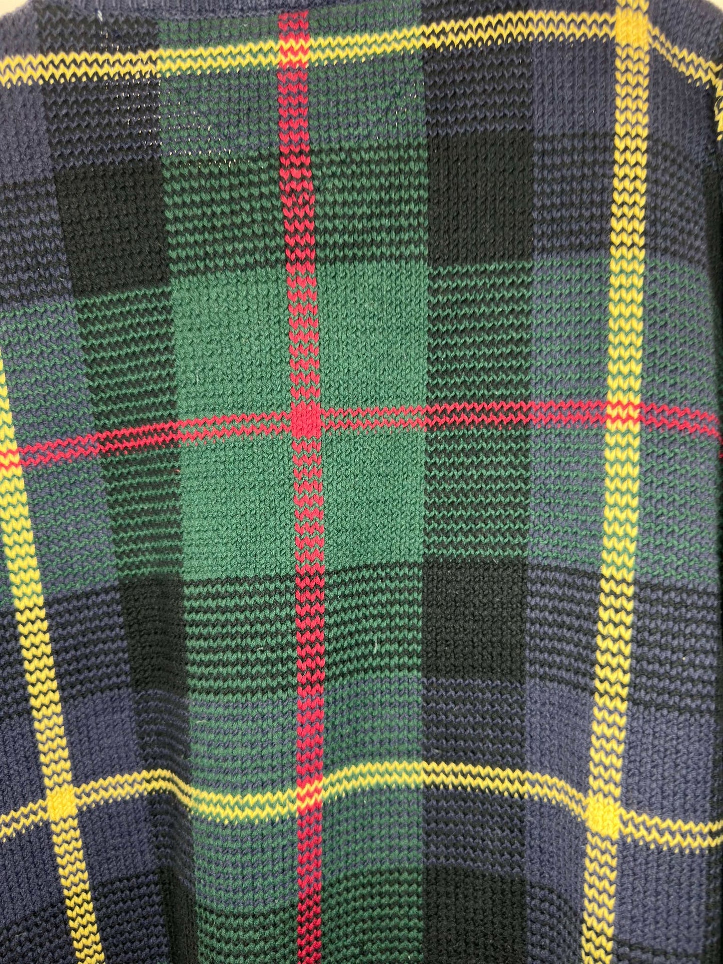 VTG x Tommy Hilfiger x Black Navy Red Green Yellow Checkered Knit Pullover Sweater - XL