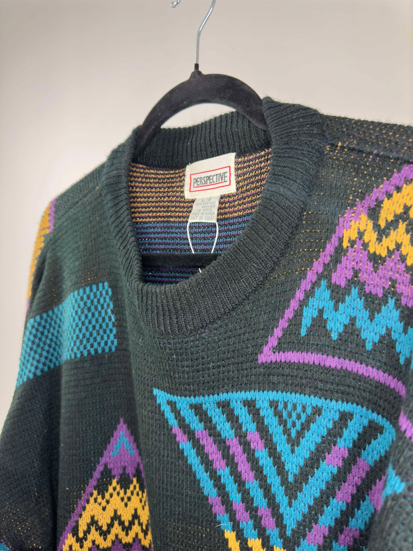 VTG x PERSPECTIVE x Black Multicolor Triangle Rectangle Pattern Knit Pullover Sweater - L