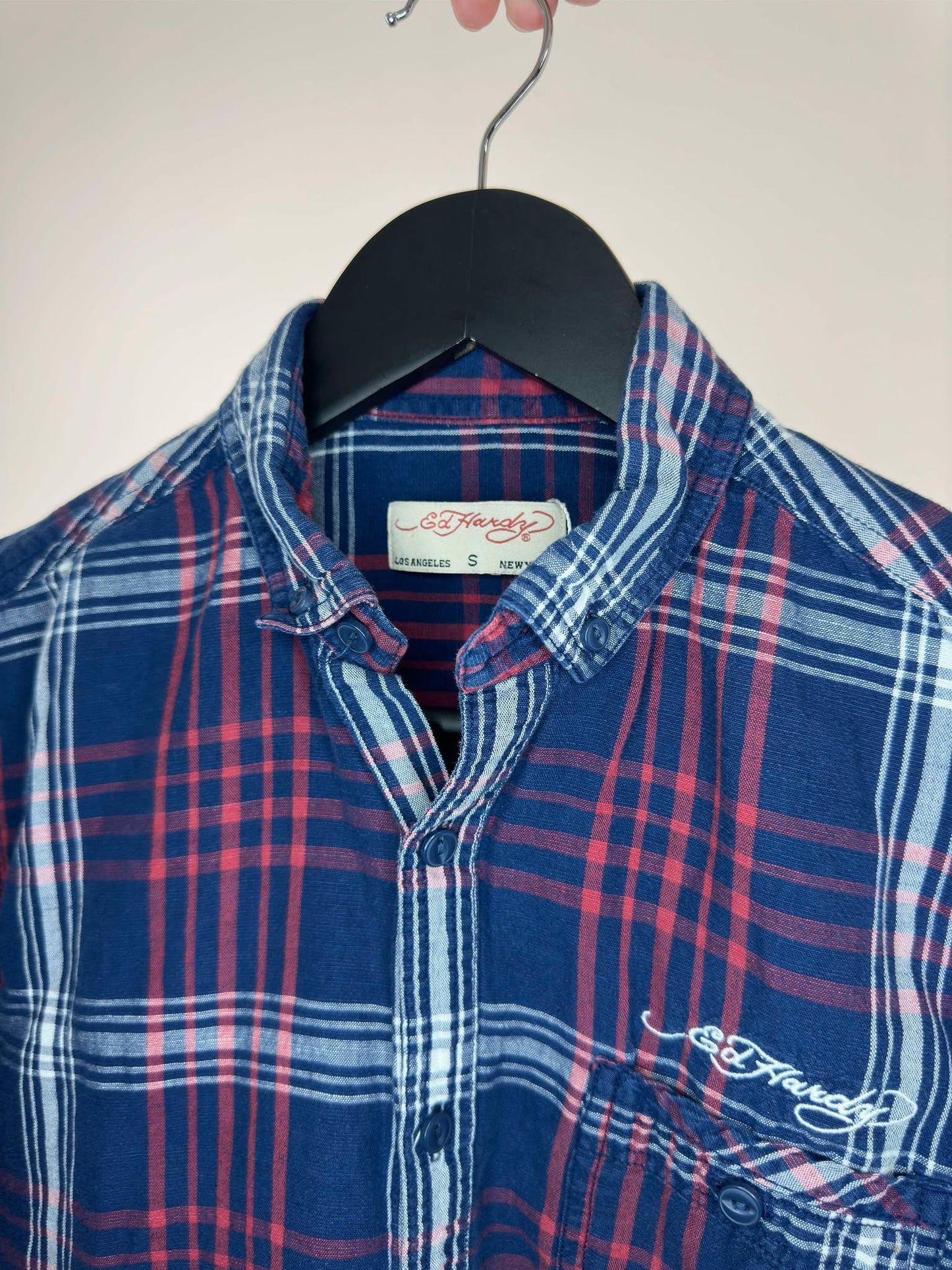 Y2K x Ed Hardy x Blue Red Checkered Pattern Long Sleeve Button Up - Women's S