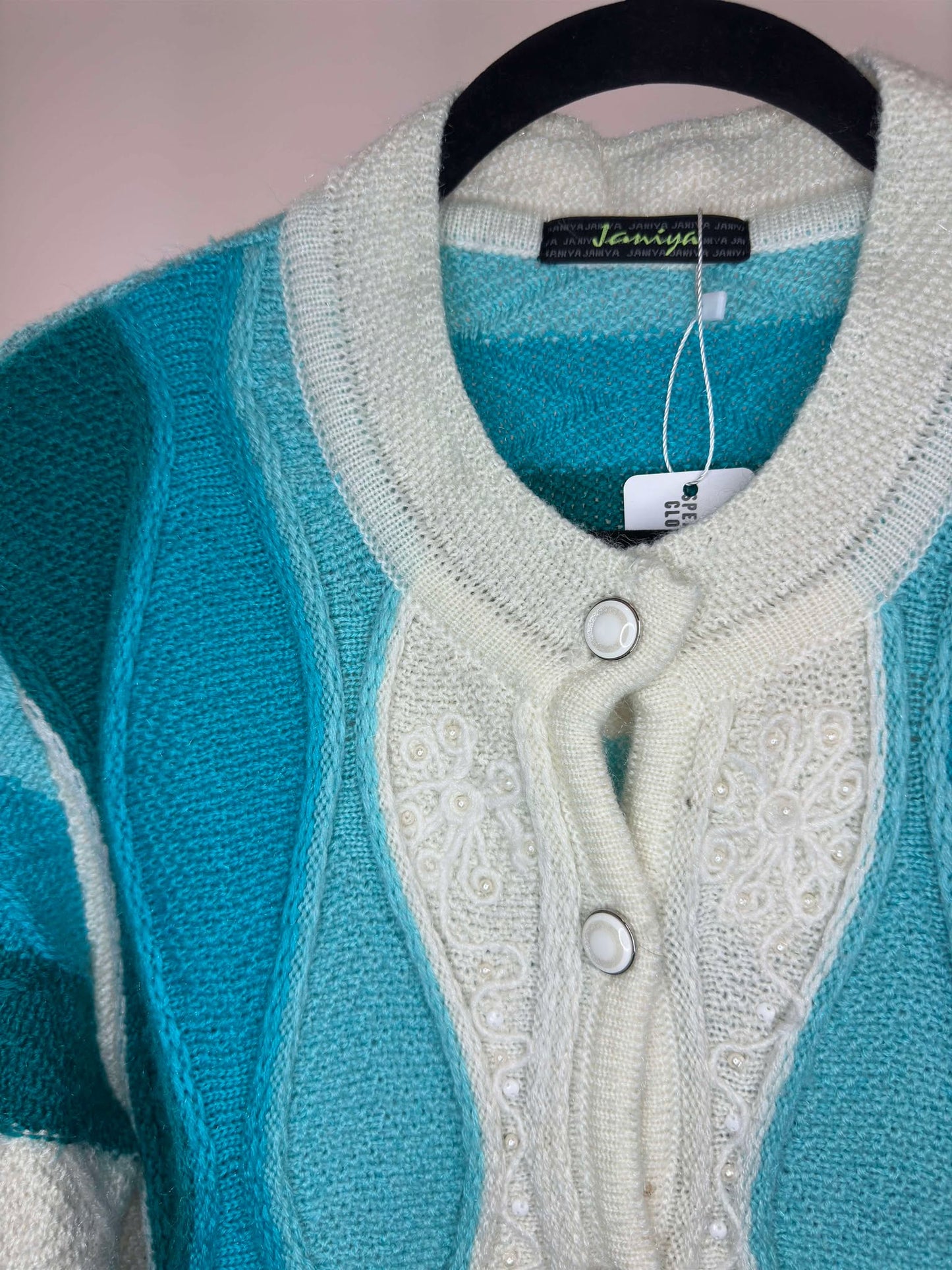 VTG x Jamiya x White Blue Teal 3D Knit Pattern Button Up Cardigan - Cut Tag (S/M)