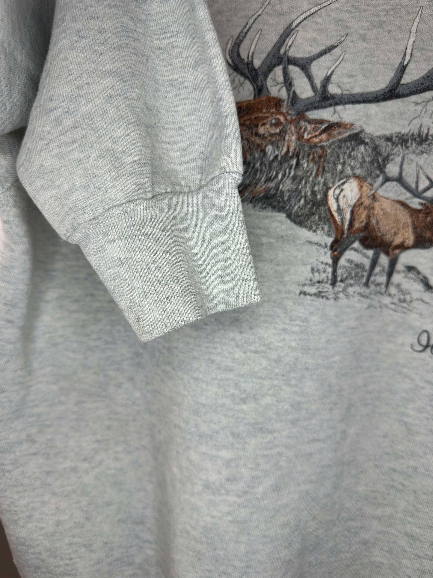 VTG x Fruit of the Loom x Idaho Elk Nature Graphic x Grey Pullover Crewneck - L