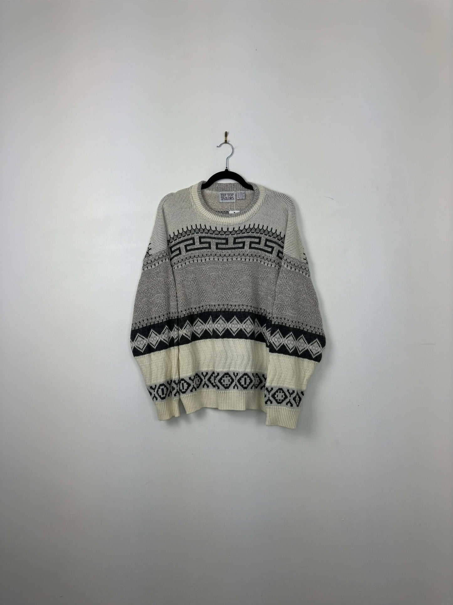 VTG x Tiptop Tailors x Beige Black Aztec Pattern Pullover Knit Sweater - M