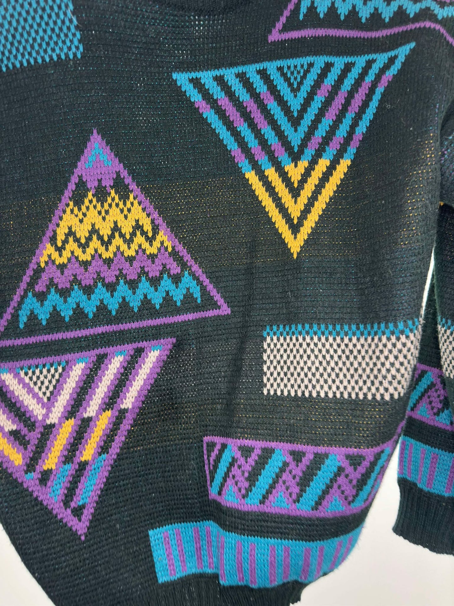 VTG x PERSPECTIVE x Black Multicolor Triangle Rectangle Pattern Knit Pullover Sweater - L