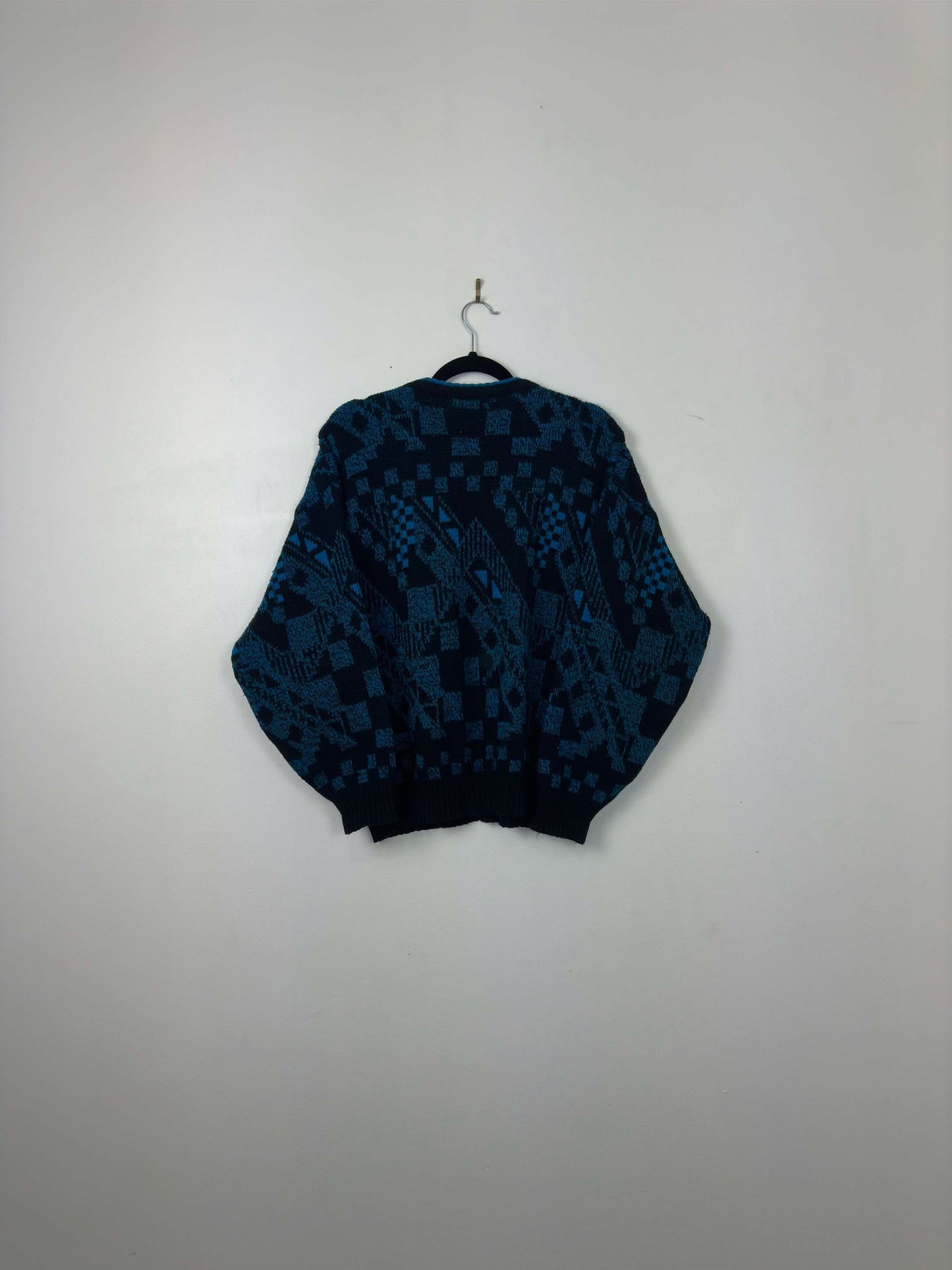 VTG x TAURUS x Black Blue Aztec Pattern Graphic Pullover Knit Sweater - XL