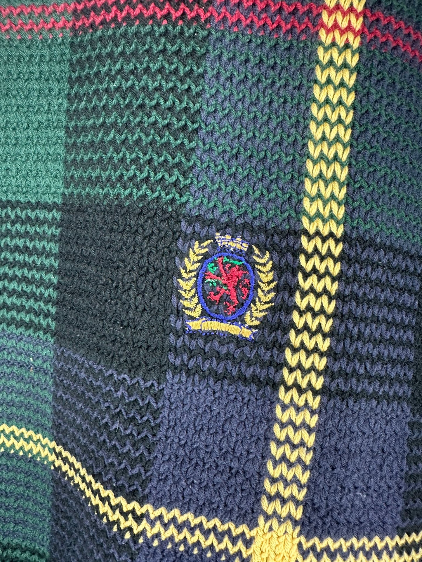 VTG x Tommy Hilfiger x Black Navy Red Green Yellow Checkered Knit Pullover Sweater - XL