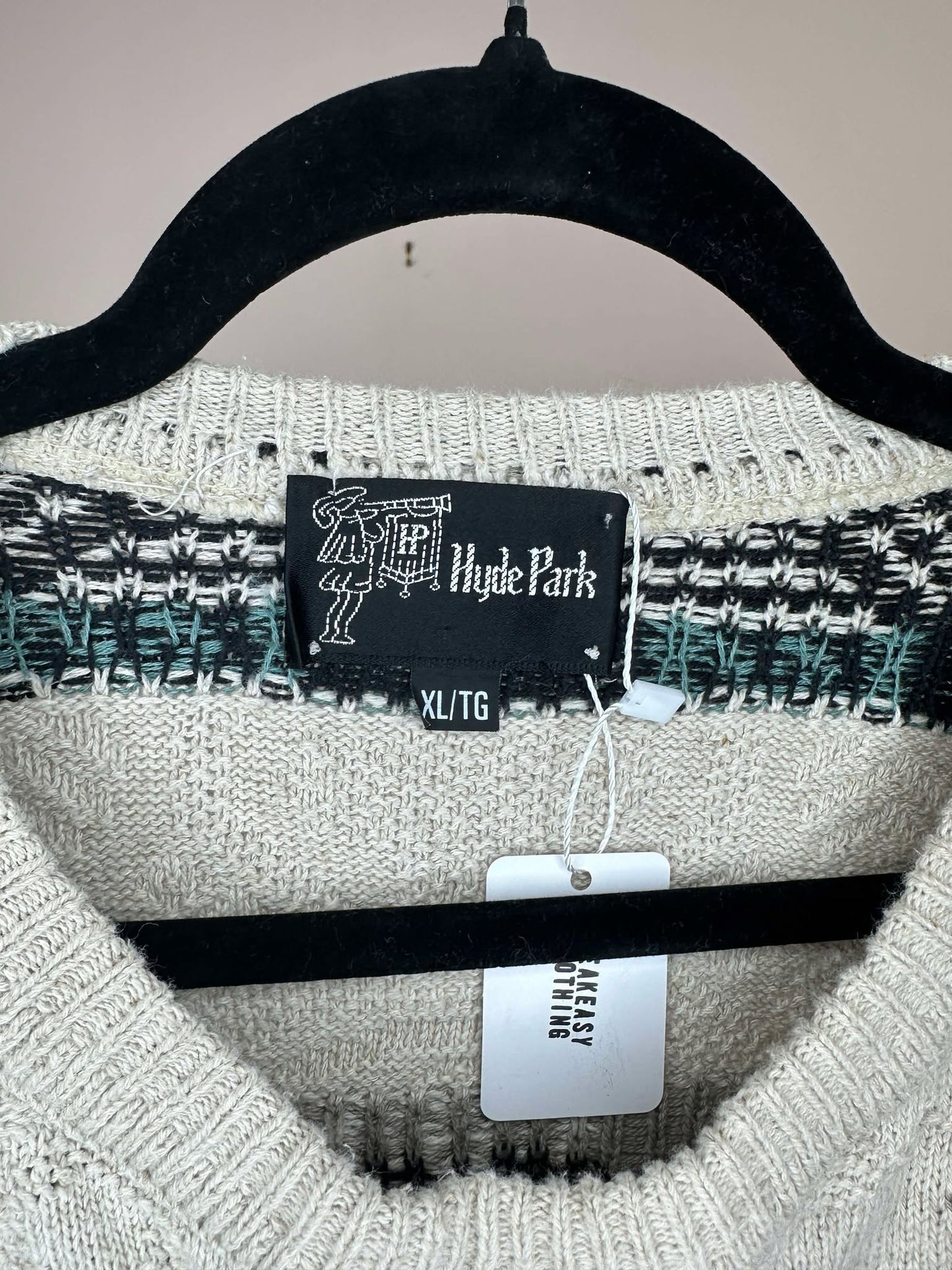 VTG x Hyde Park x Beige Black Teal Pullover 3D Knit Sweater - XL