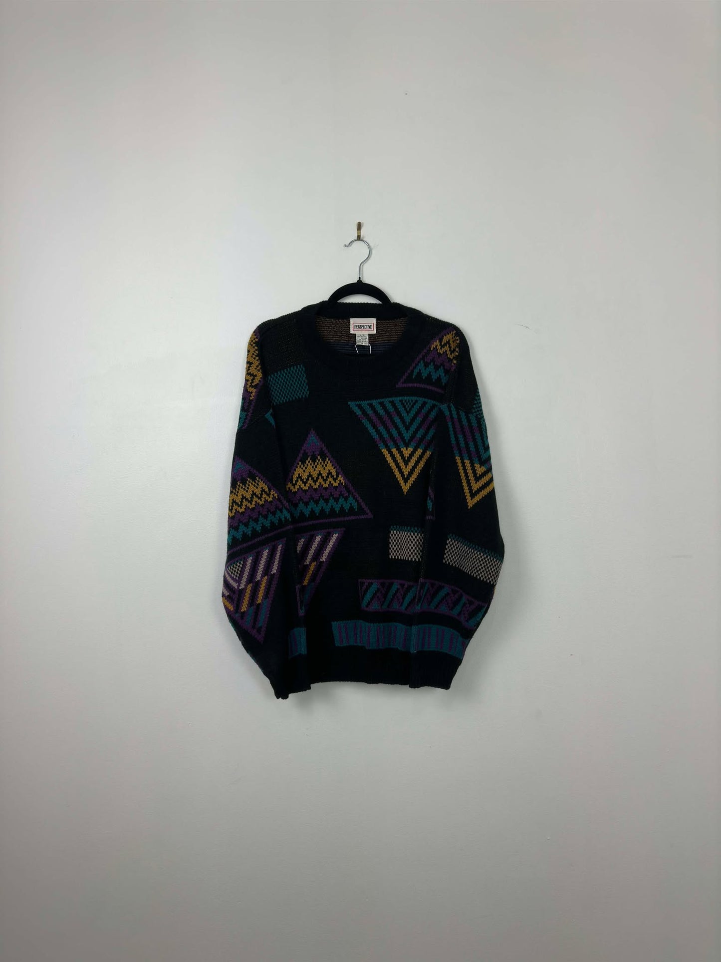 VTG x PERSPECTIVE x Black Multicolor Triangle Rectangle Pattern Knit Pullover Sweater - L