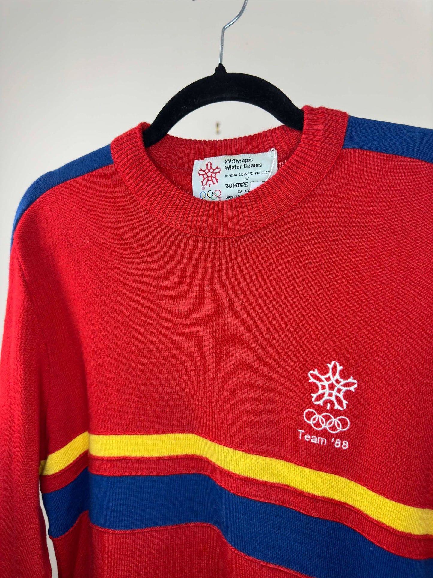 VTG x White Ram x 88' Calgary Olympics x Winter Games x Red Blue Yellow Pullover Knit Sweater - Women's 2 (S/M)
