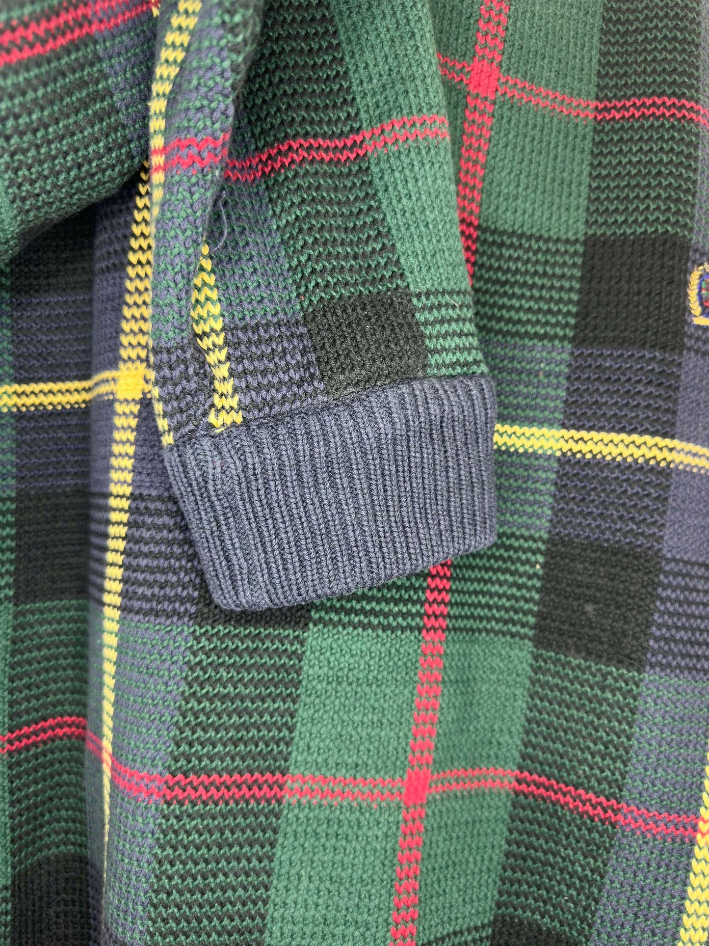 VTG x Tommy Hilfiger x Black Navy Red Green Yellow Checkered Knit Pullover Sweater - XL