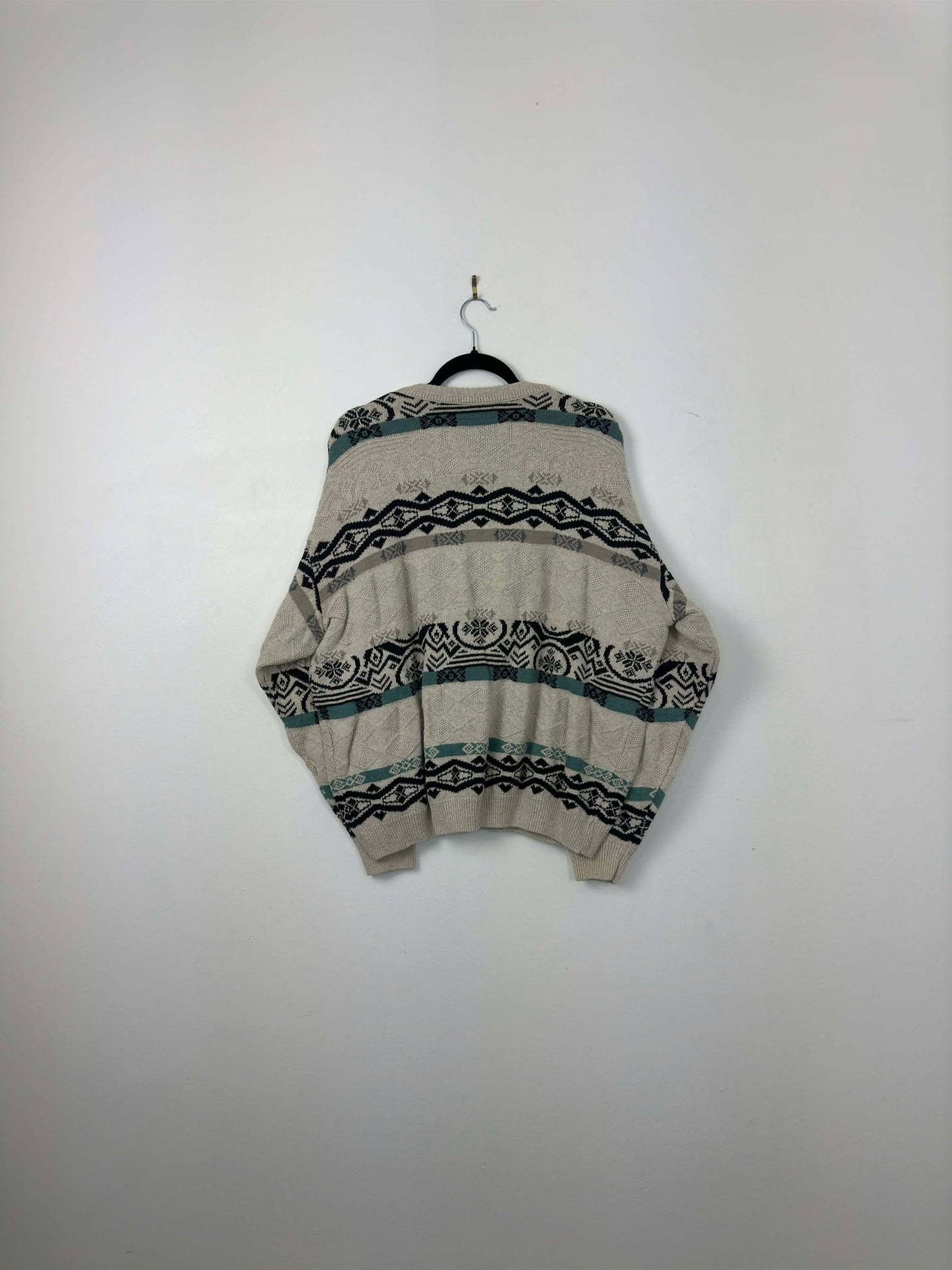 VTG x Hyde Park x Beige Black Teal Pullover 3D Knit Sweater - XL