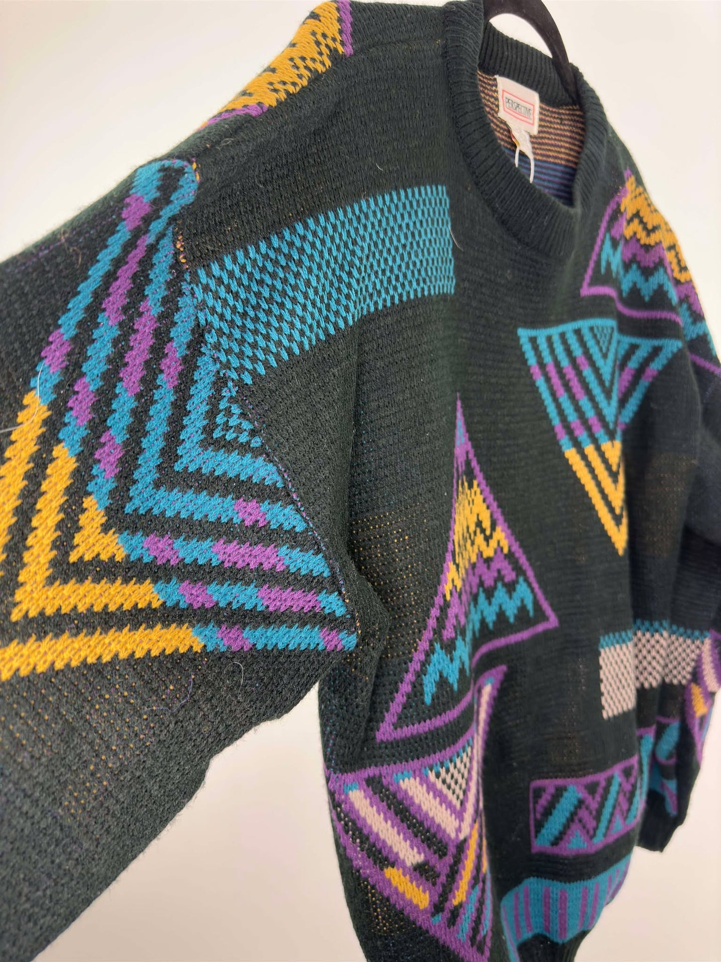 VTG x PERSPECTIVE x Black Multicolor Triangle Rectangle Pattern Knit Pullover Sweater - L