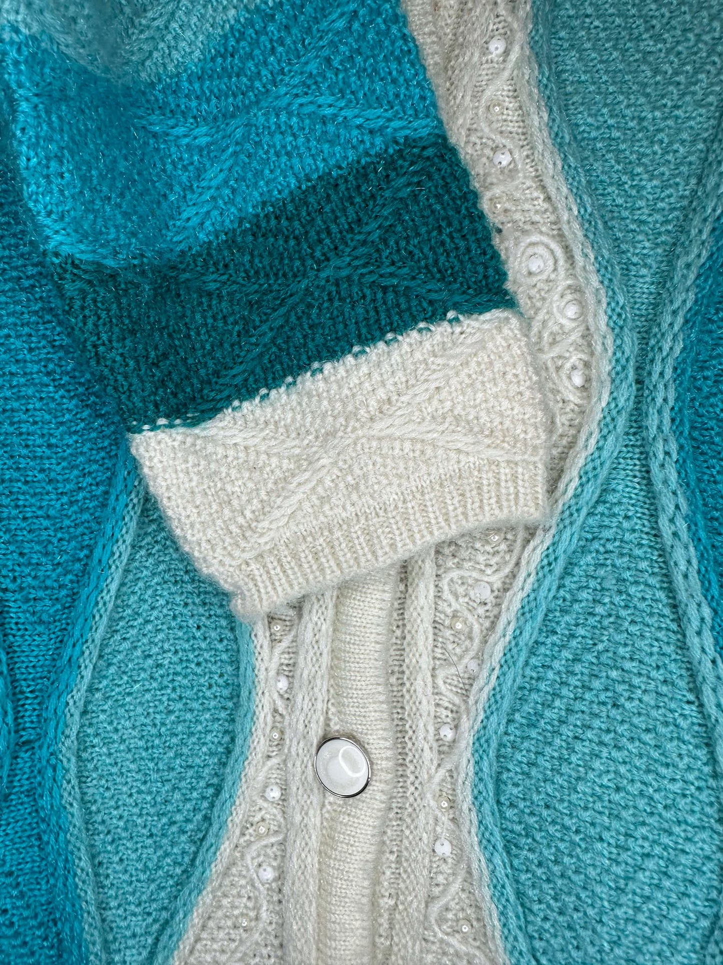 VTG x Jamiya x White Blue Teal 3D Knit Pattern Button Up Cardigan - Cut Tag (S/M)