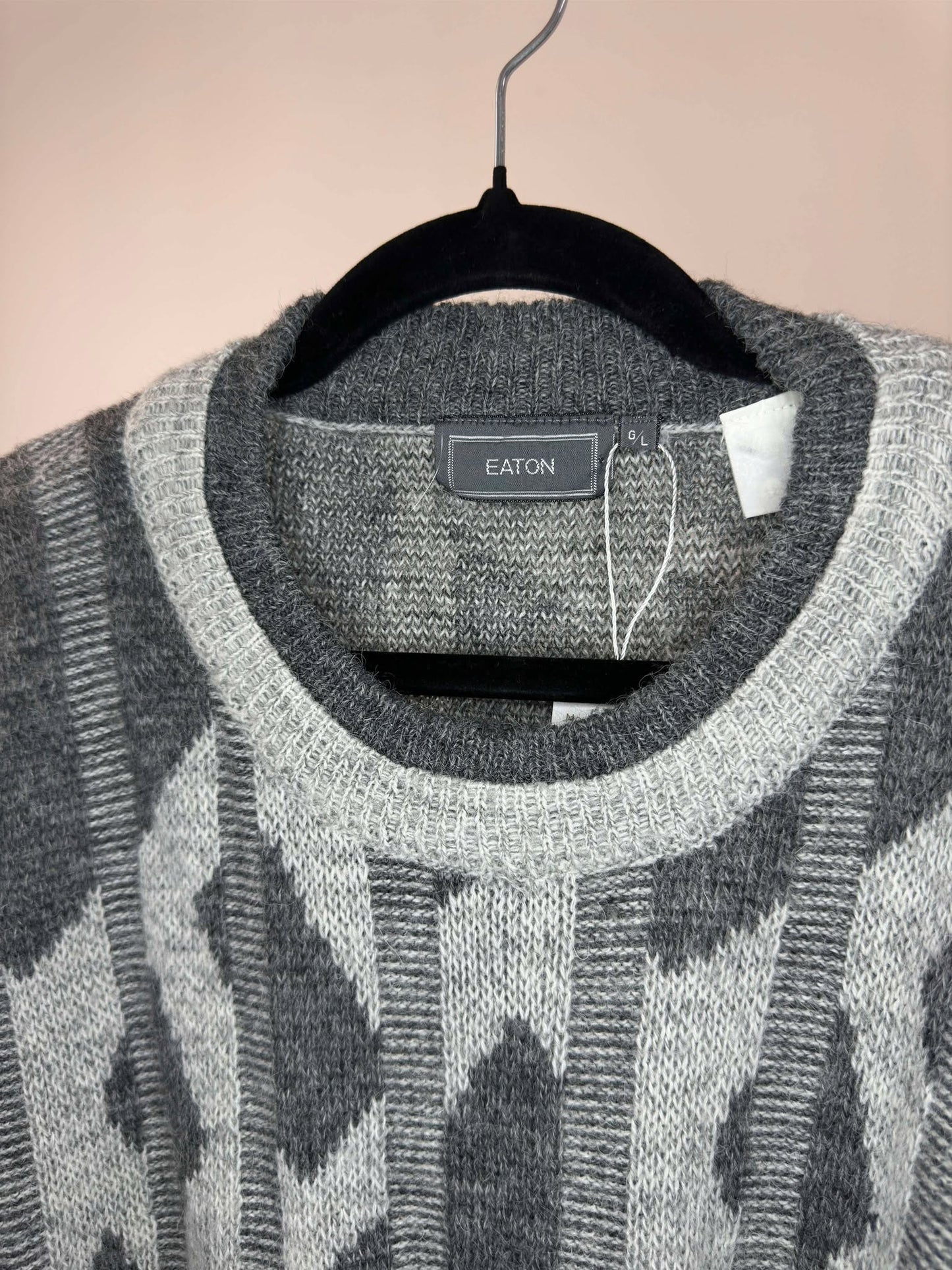 VTG x EATON x White Grey 3D Knit Pullover Sweater - L