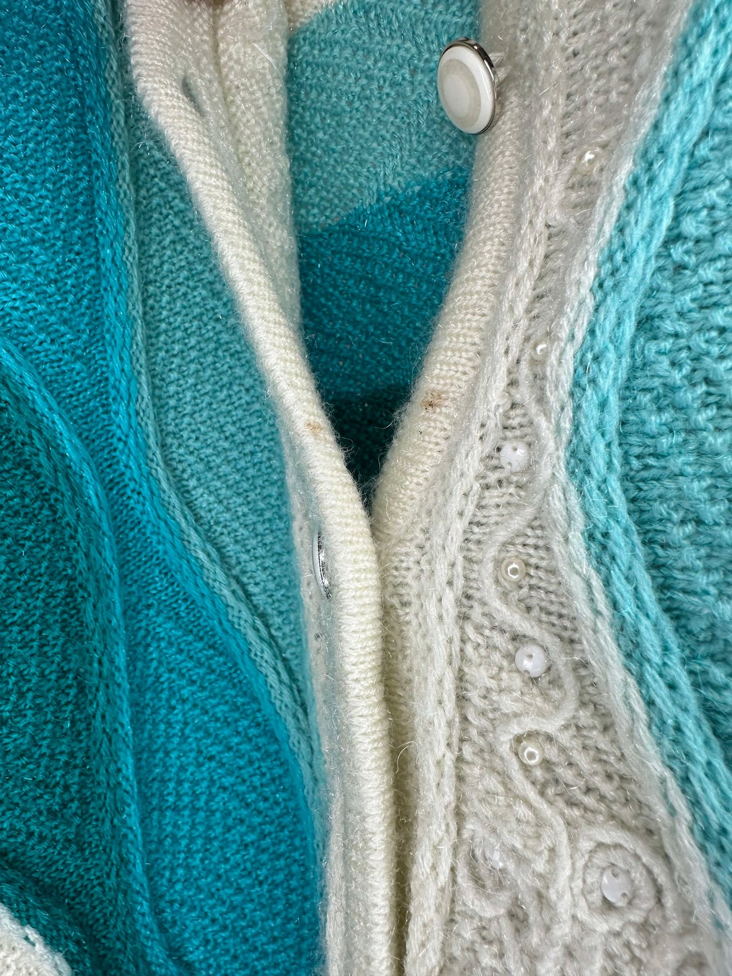 VTG x Jamiya x White Blue Teal 3D Knit Pattern Button Up Cardigan - Cut Tag (S/M)