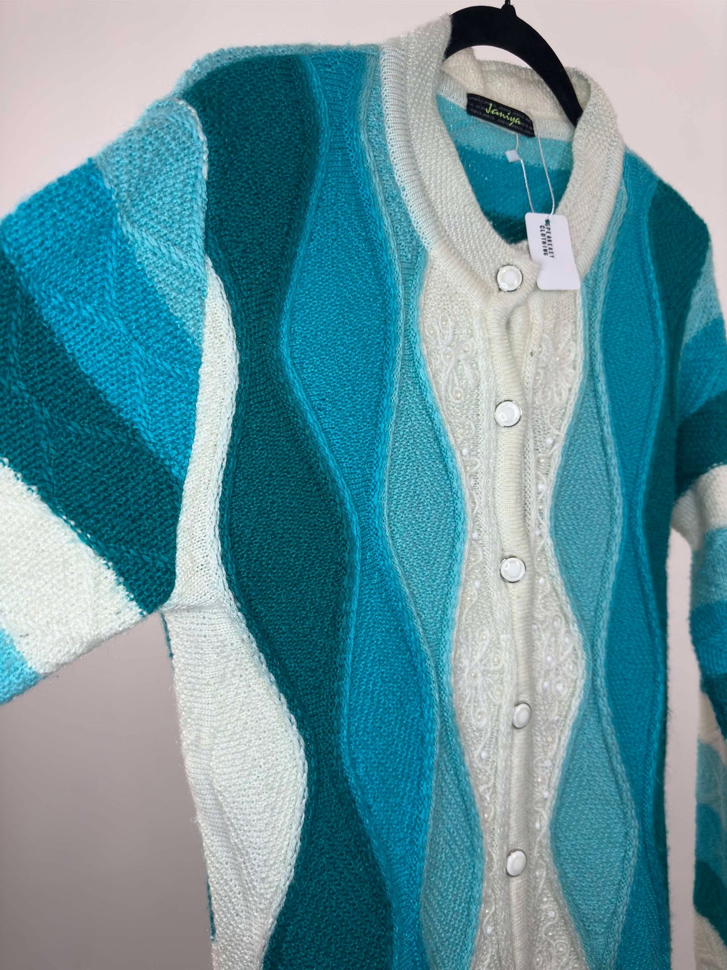 VTG x Jamiya x White Blue Teal 3D Knit Pattern Button Up Cardigan - Cut Tag (S/M)