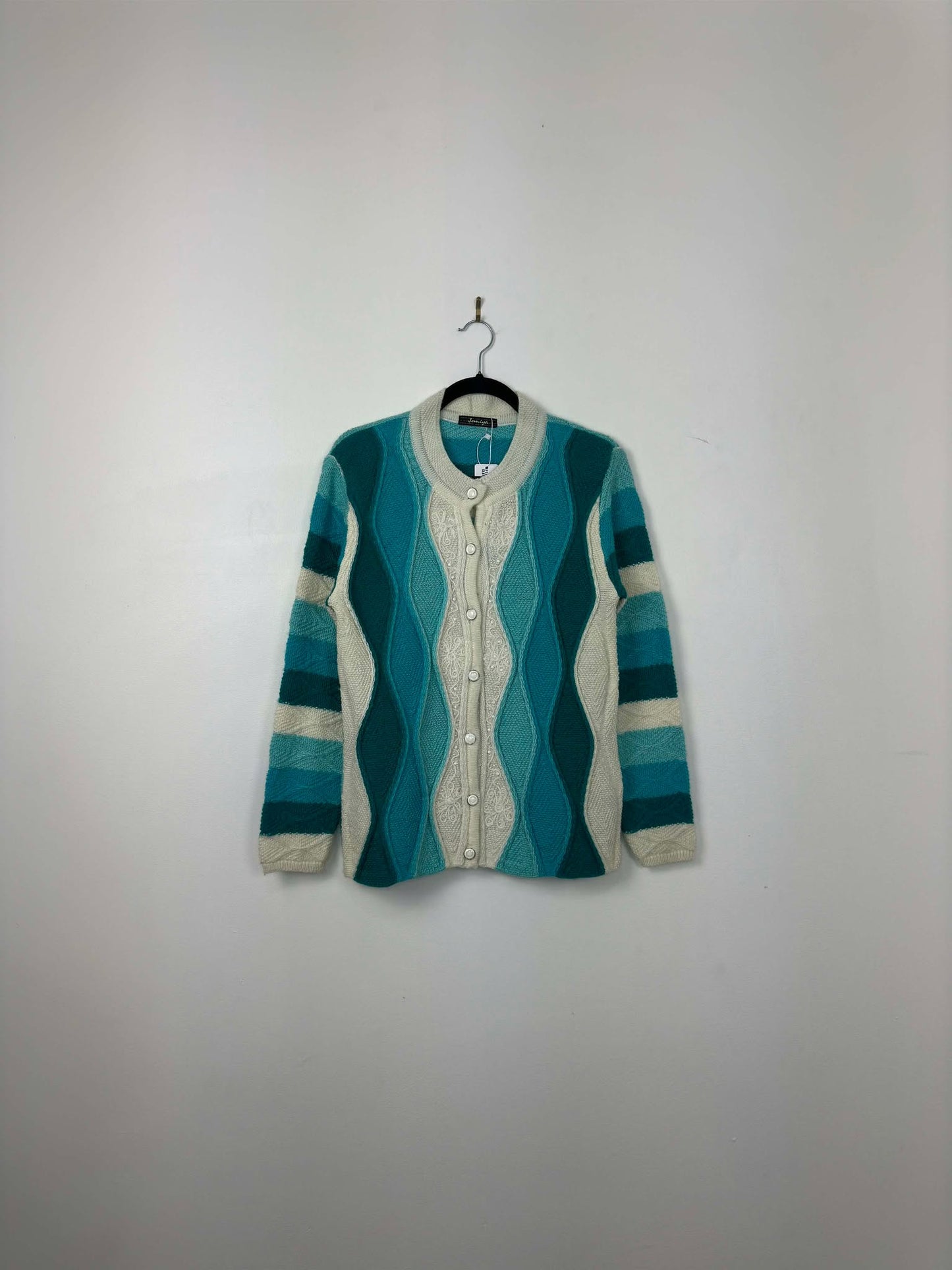 VTG x Jamiya x White Blue Teal 3D Knit Pattern Button Up Cardigan - Cut Tag (S/M)
