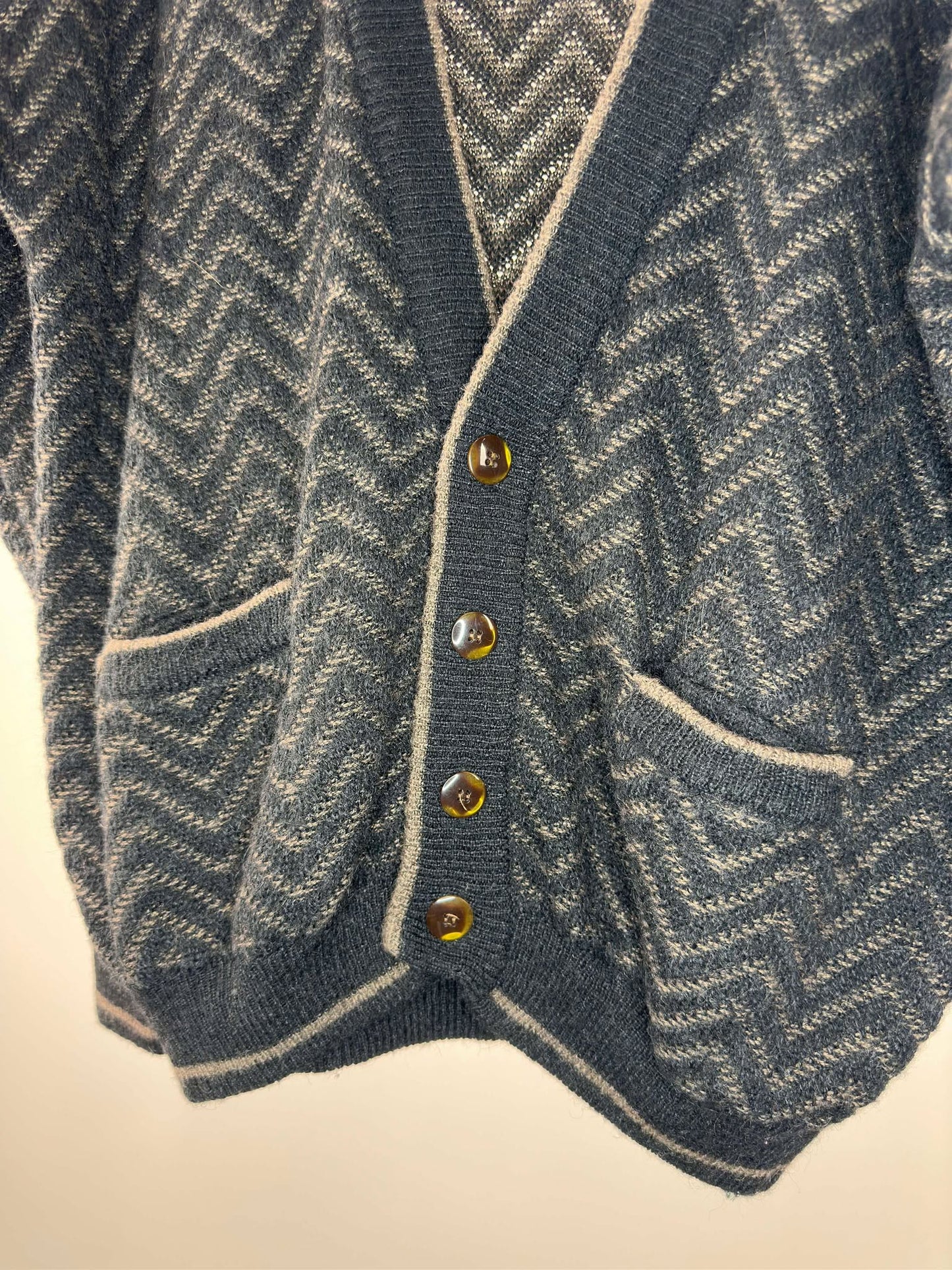VTG x Cacharel x Black Brown Wavy Pattern Button Up Knit Cardigan - L