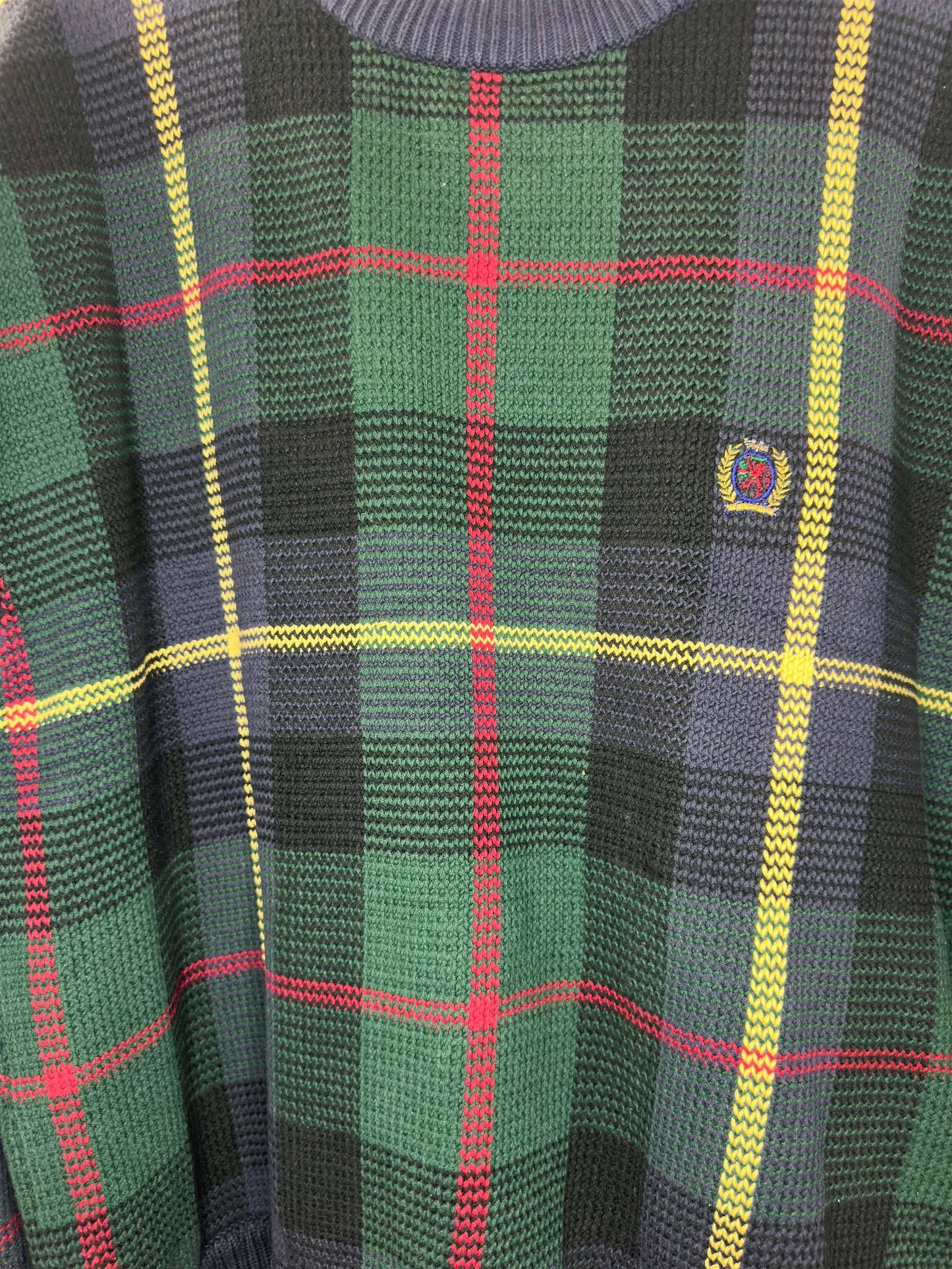 VTG x Tommy Hilfiger x Black Navy Red Green Yellow Checkered Knit Pullover Sweater - XL
