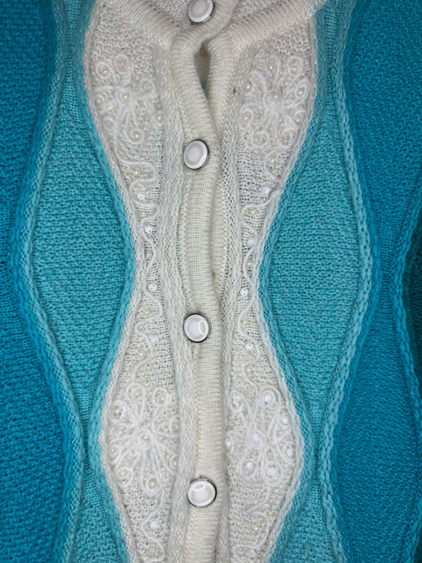 VTG x Jamiya x White Blue Teal 3D Knit Pattern Button Up Cardigan - Cut Tag (S/M)