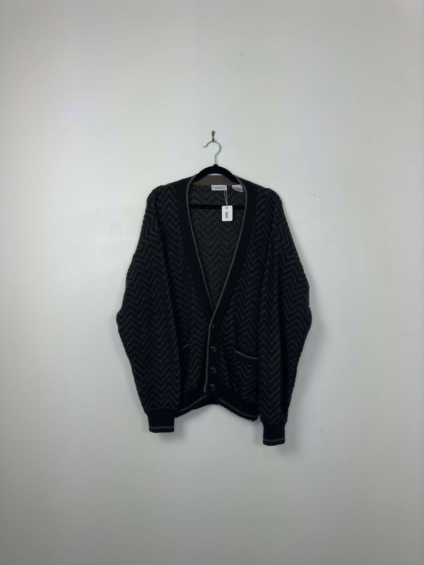 VTG x Cacharel x Black Brown Wavy Pattern Button Up Knit Cardigan - L