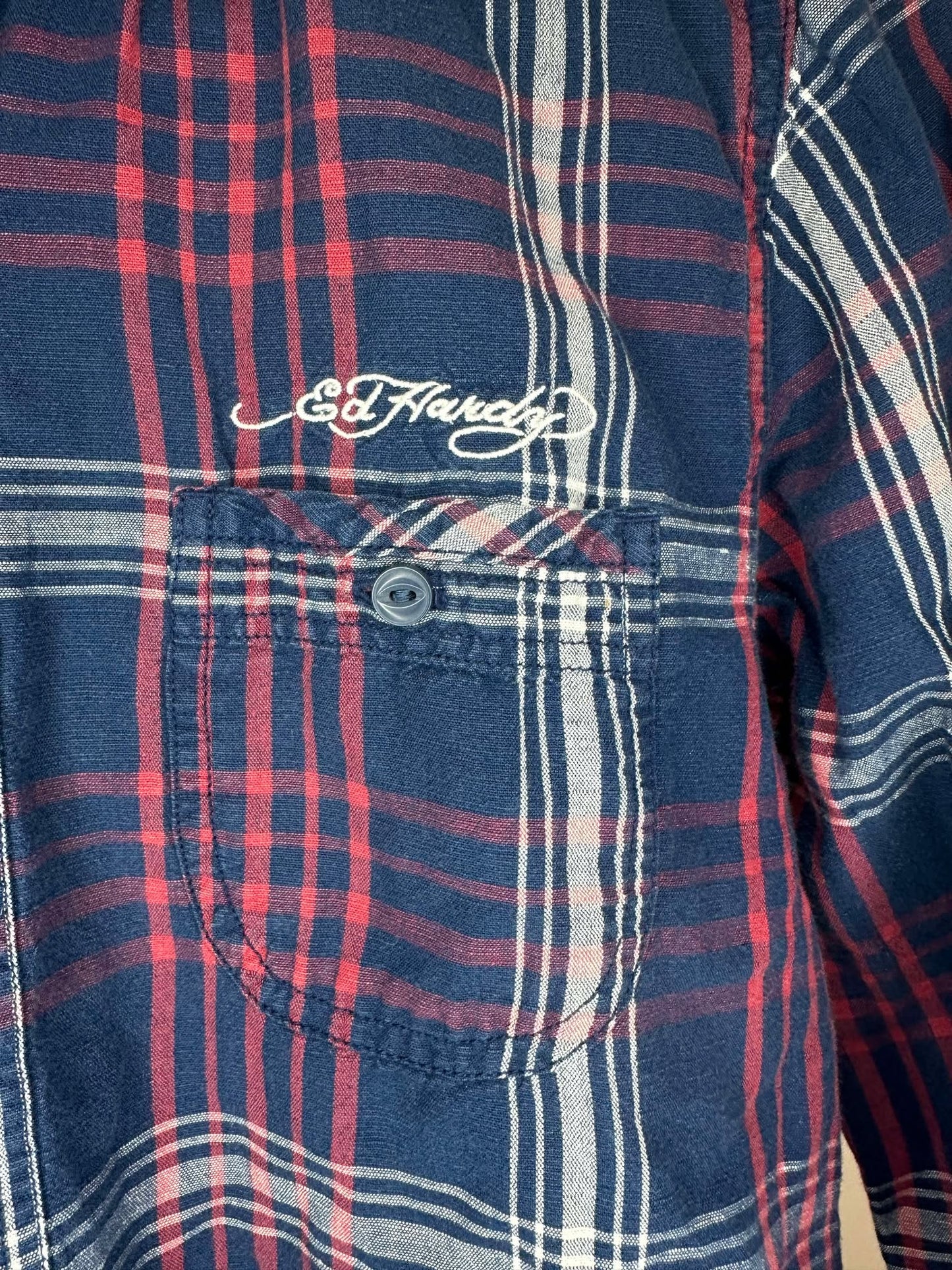 Y2K x Ed Hardy x Blue Red Checkered Pattern Long Sleeve Button Up - Women's S