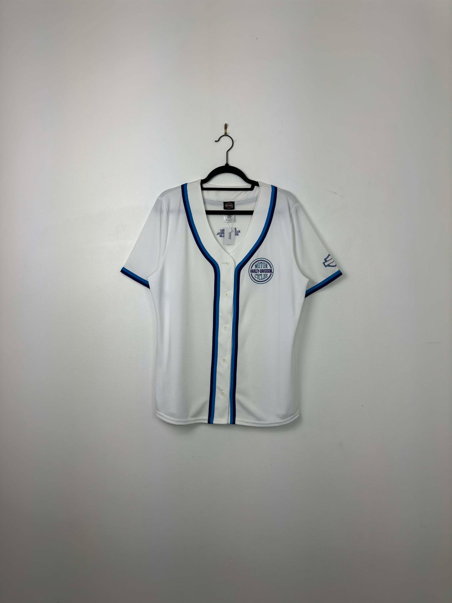 VTG x Harley Davidson x Big Barn Des Moines, IA x Blank White Blue Baseball Type Jersey - XL