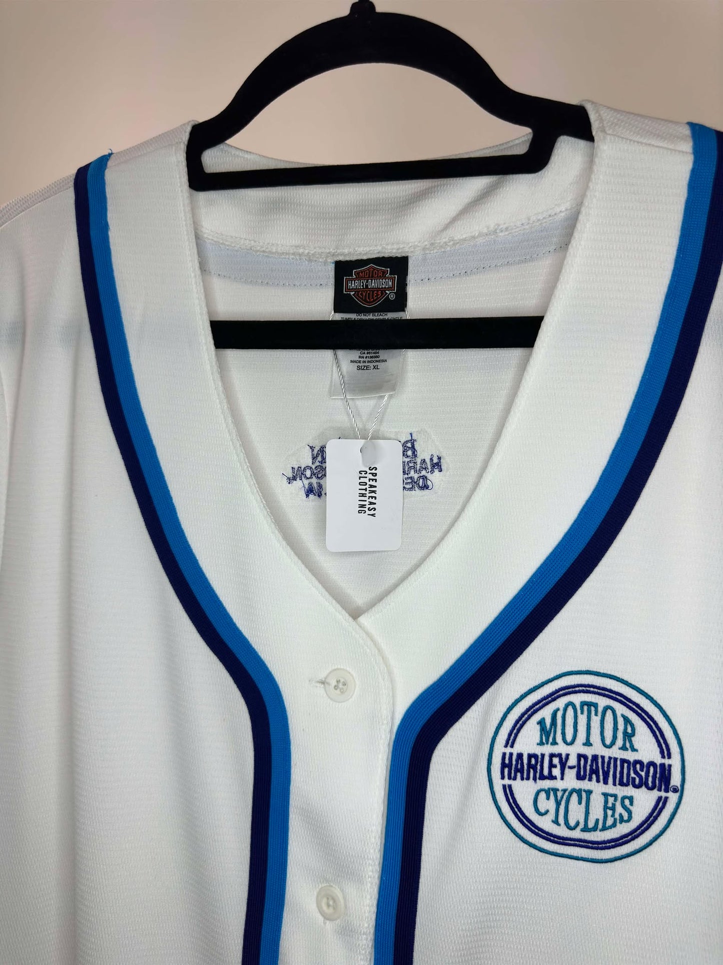 VTG x Harley Davidson x Big Barn Des Moines, IA x Blank White Blue Baseball Type Jersey - XL