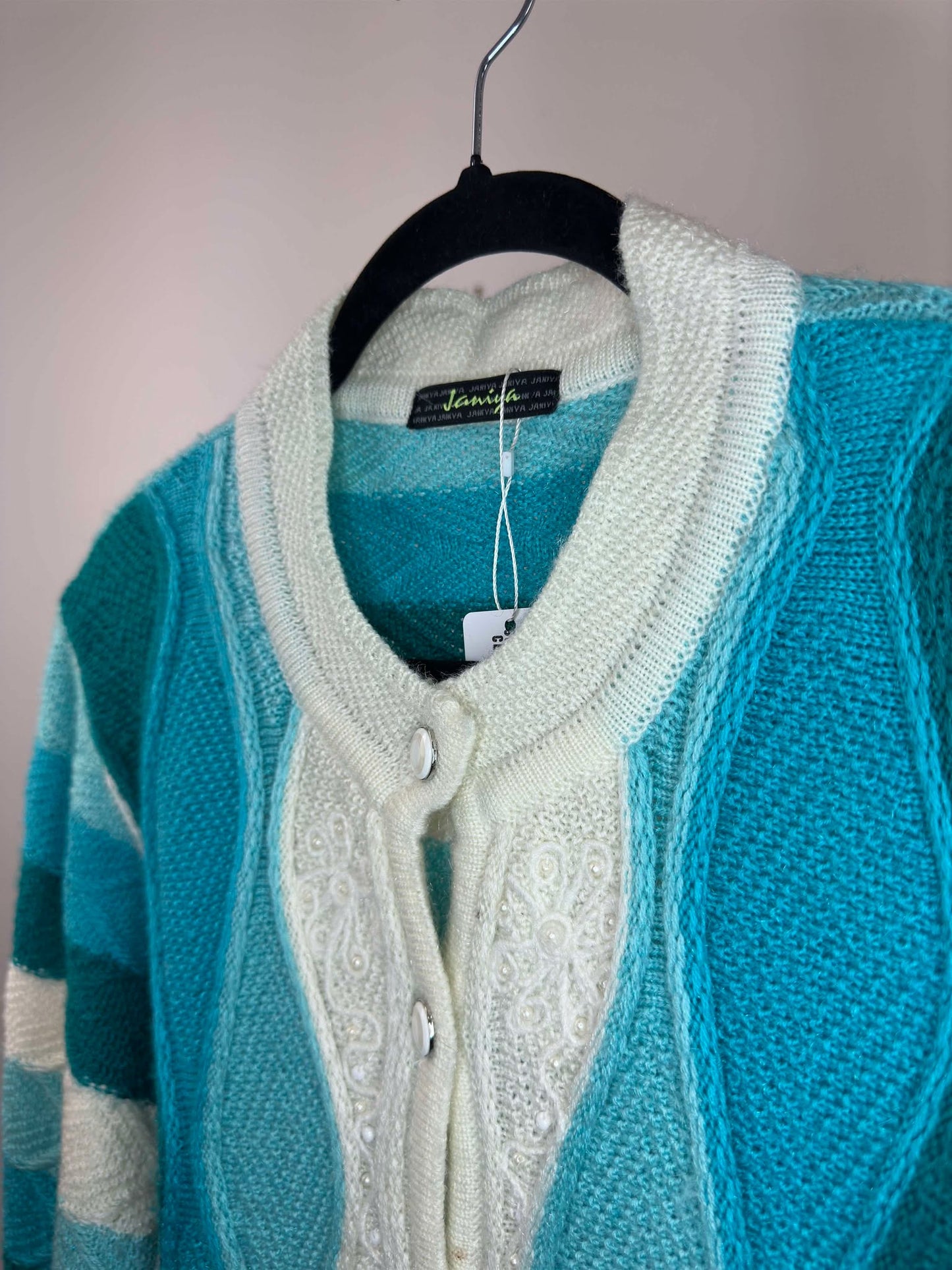VTG x Jamiya x White Blue Teal 3D Knit Pattern Button Up Cardigan - Cut Tag (S/M)