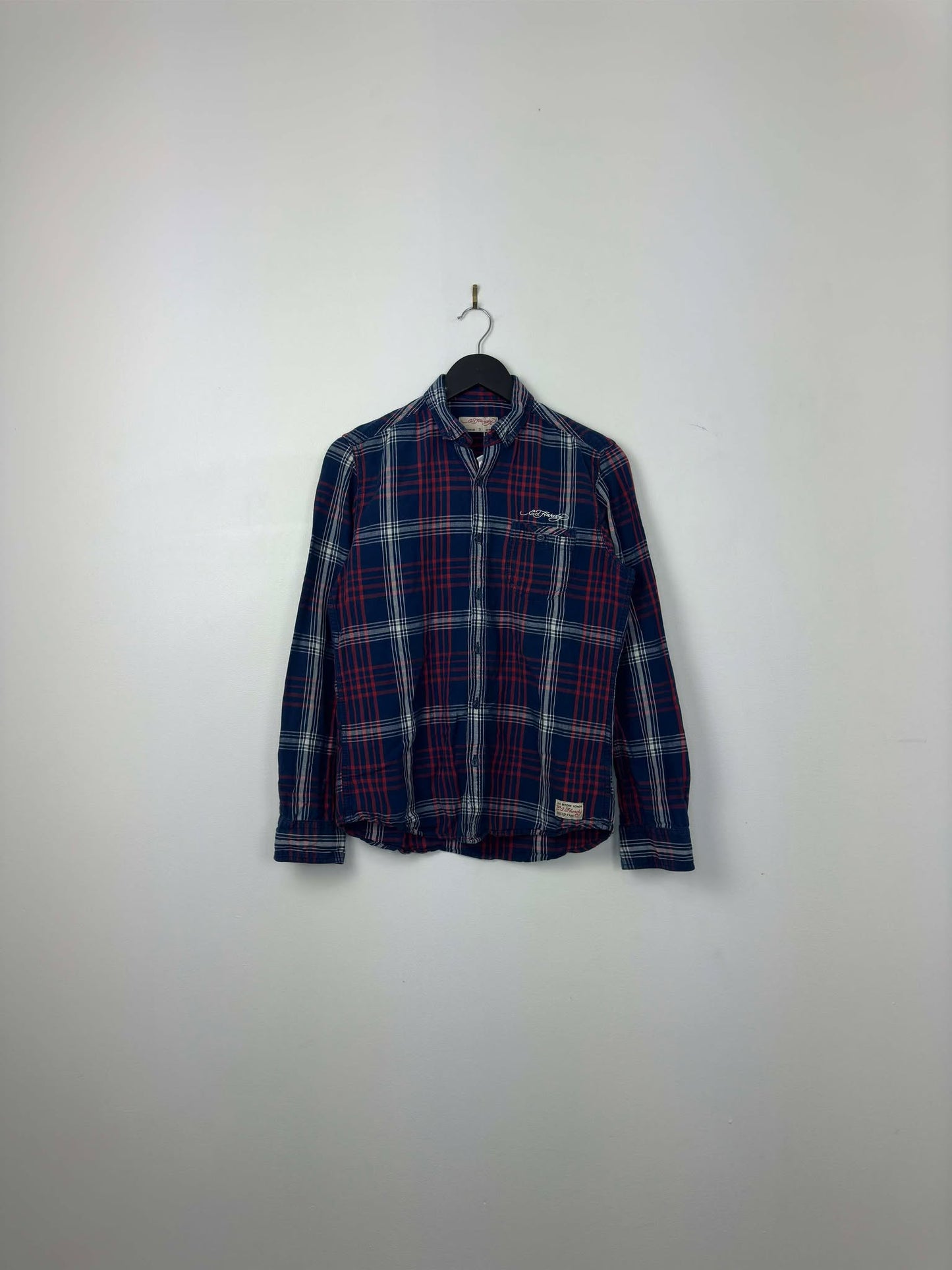 Y2K x Ed Hardy x Blue Red Checkered Pattern Long Sleeve Button Up - Women's S