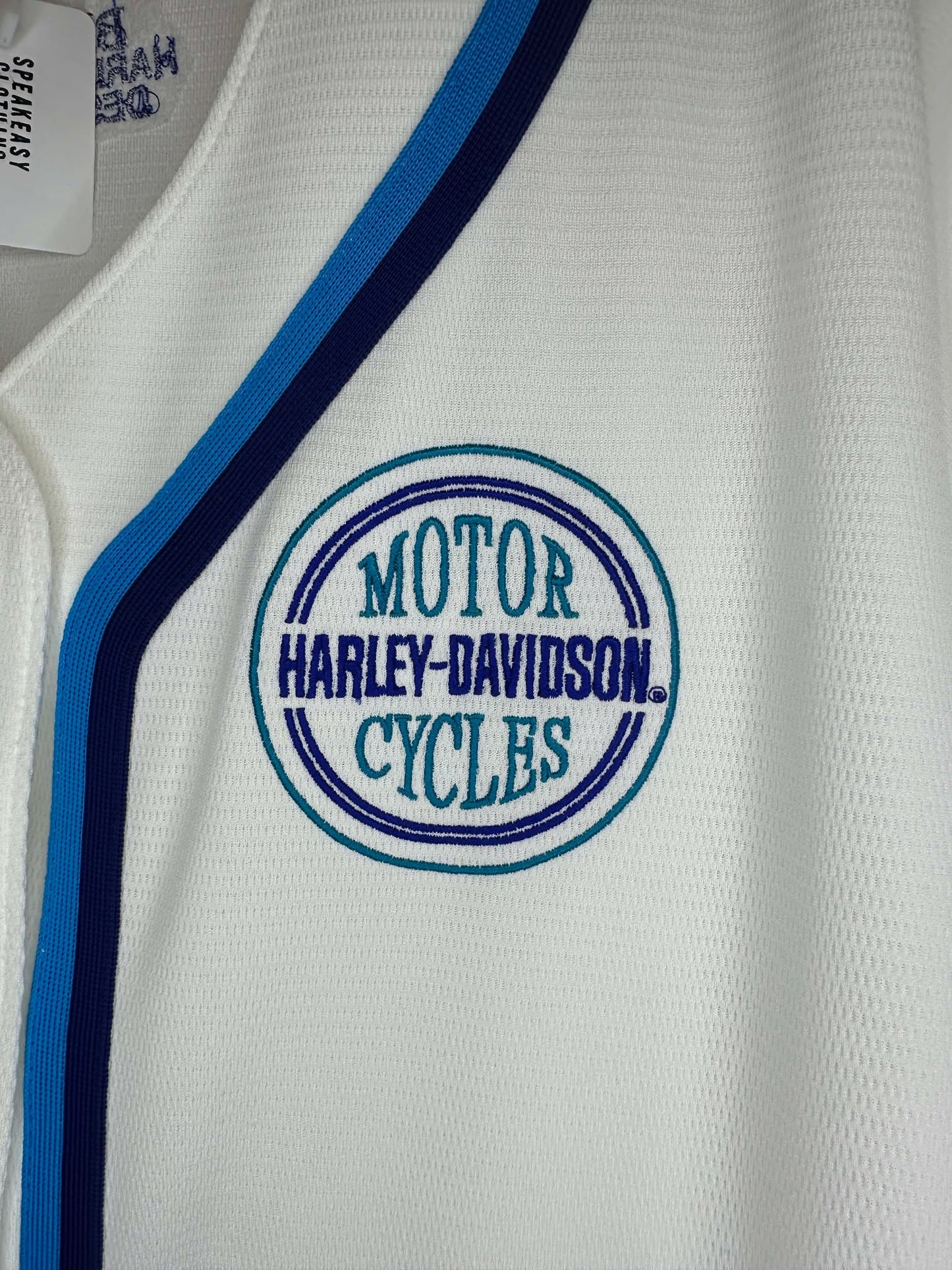 VTG x Harley Davidson x Big Barn Des Moines, IA x Blank White Blue Baseball Type Jersey - XL