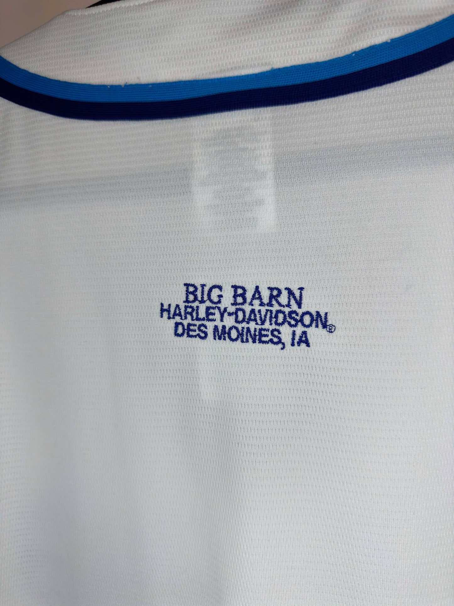 VTG x Harley Davidson x Big Barn Des Moines, IA x Blank White Blue Baseball Type Jersey - XL